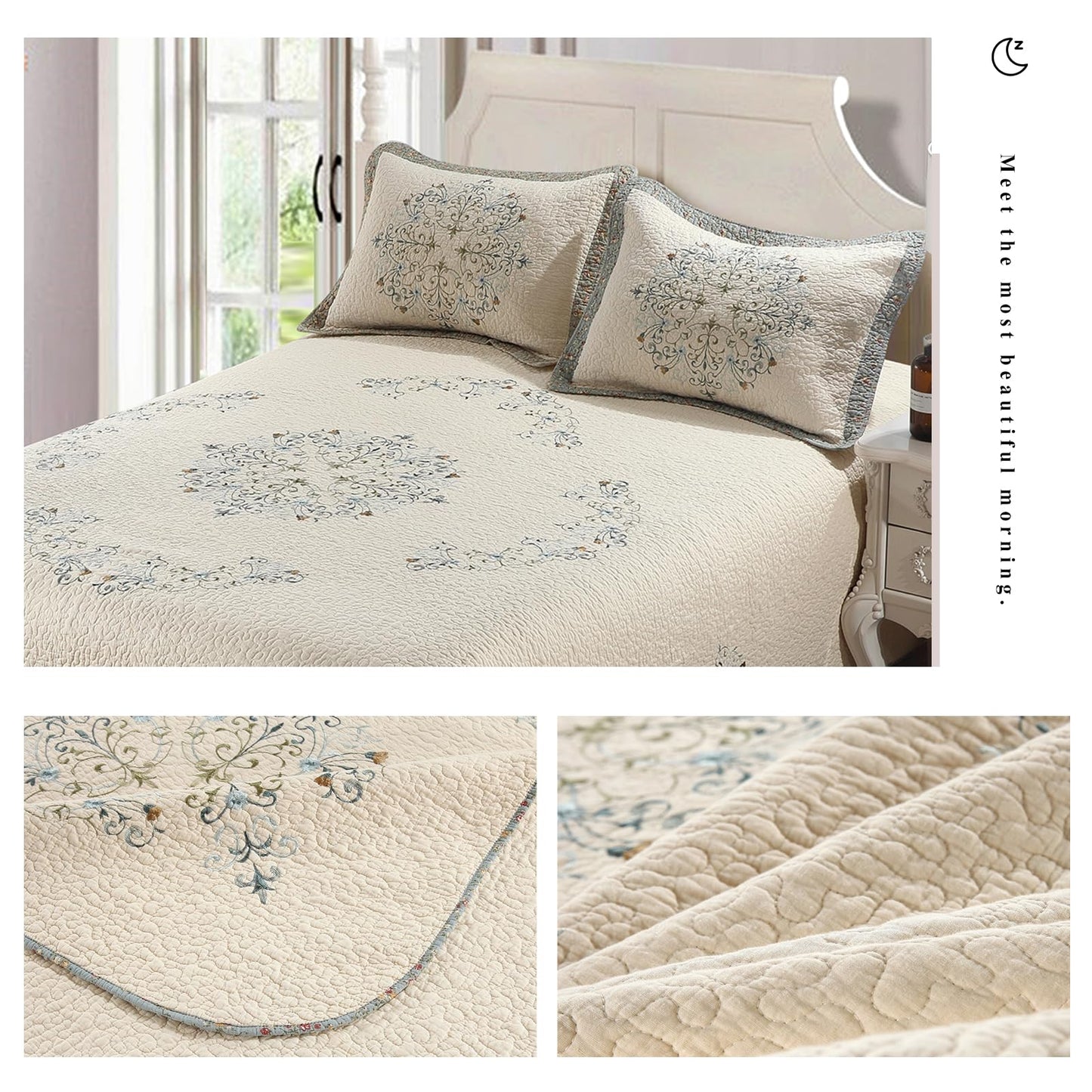 Quilt Set Floral Leaves 3D Embroidery Pattern 3 PCS Cotton Reversible Quilted Embroidered Decorative Bedspreads Coverlet Set, Lightweight &Soft Queen Size Beige Bedding Coverlet for All Season