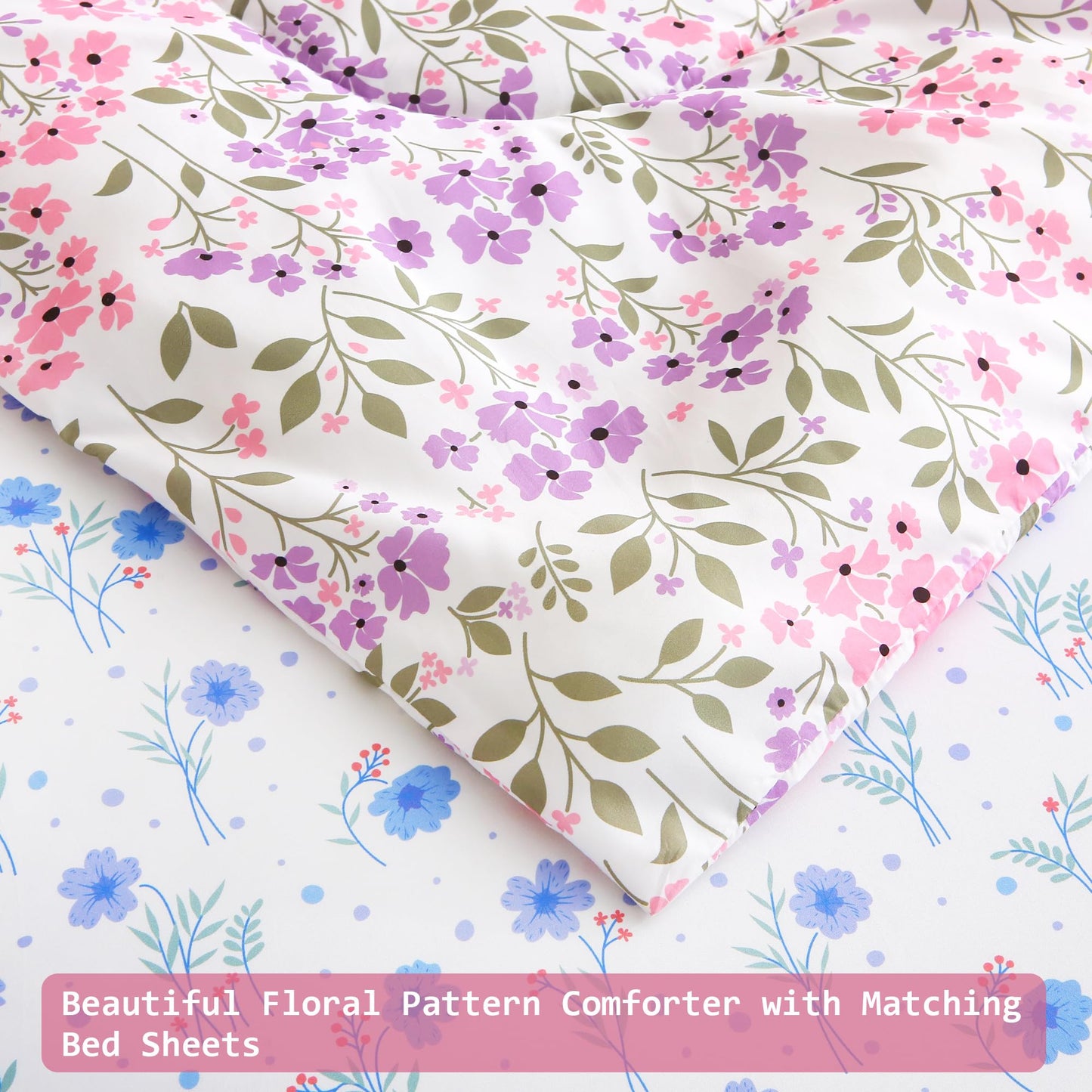 lasoftan Floral Queen Comforter Set with Sheets, 7 piece Luxury Vintage Bedding, Soft Microfiber Bed in a Bag, Cozy Lightweight Bed Set, Purple Flower Green Leaf