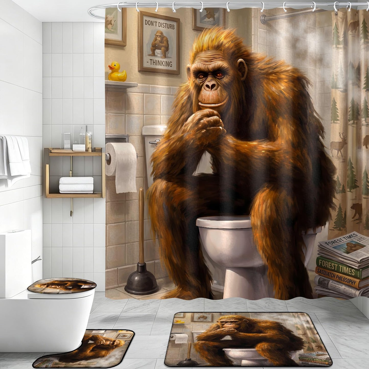 4 Piece Bigfoot Shower Curtain Sets with Non-Slip Bath Rugs, U-Shaped Mat & Toilet Lid Cover, 72x72 Inches Shower Curtain with 12 Hooks (Bigfoot Sitting On Toilet, Bigfoot Sitting On Toilet)