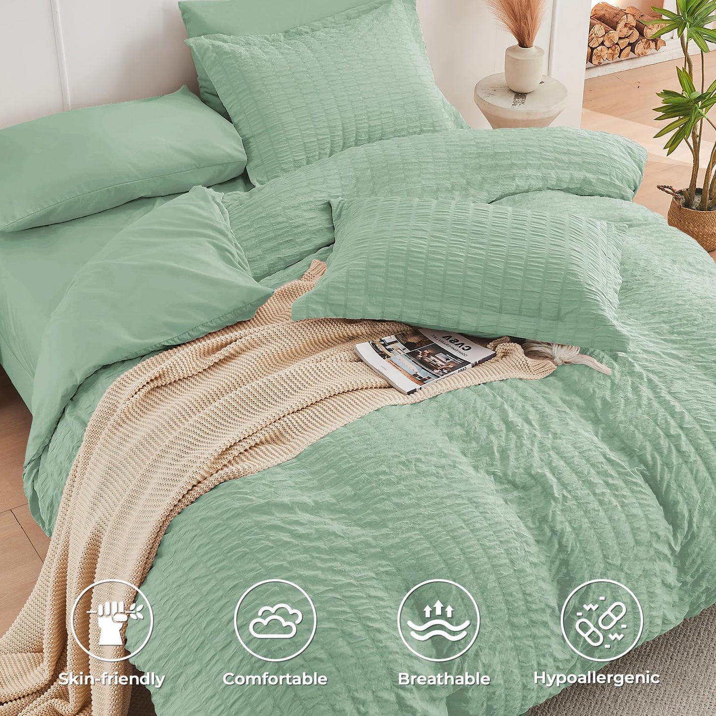 HYMOKEGE Sage Green Oversized Queen Comforter Set Seersucker 7 Pieces, All Season Luxury Bed in a Bag for Bedroom, Bedding Set with Comforter, Sheets, Pillowcases & Shams