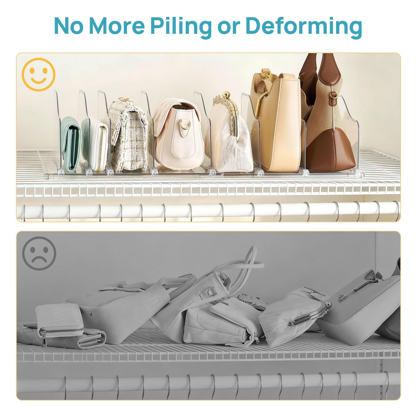 Vtopmart Free-Adjustable Purse Organizer for Closet with 2 Base, Clear Handbags Storage Organizer, Fits Different Bag Sizes & Closet Shelf, Expandable Plastic Shelf Dividers for Handbags, Wallets