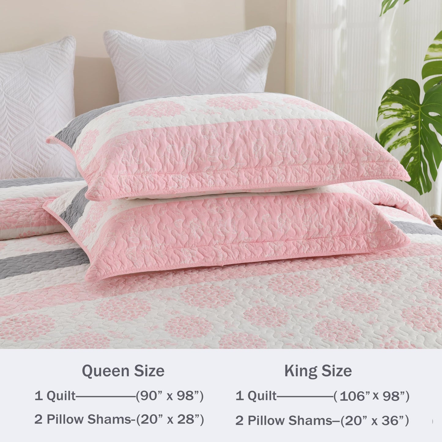 Homzard 100% Cotton Quilts Queen Size, Floral Pink Comforter Set Queen Size,Pink White Grey Bedding Set,Lightweight Floral Pattern Bedspread Set 3 Piece All Season Coverlet