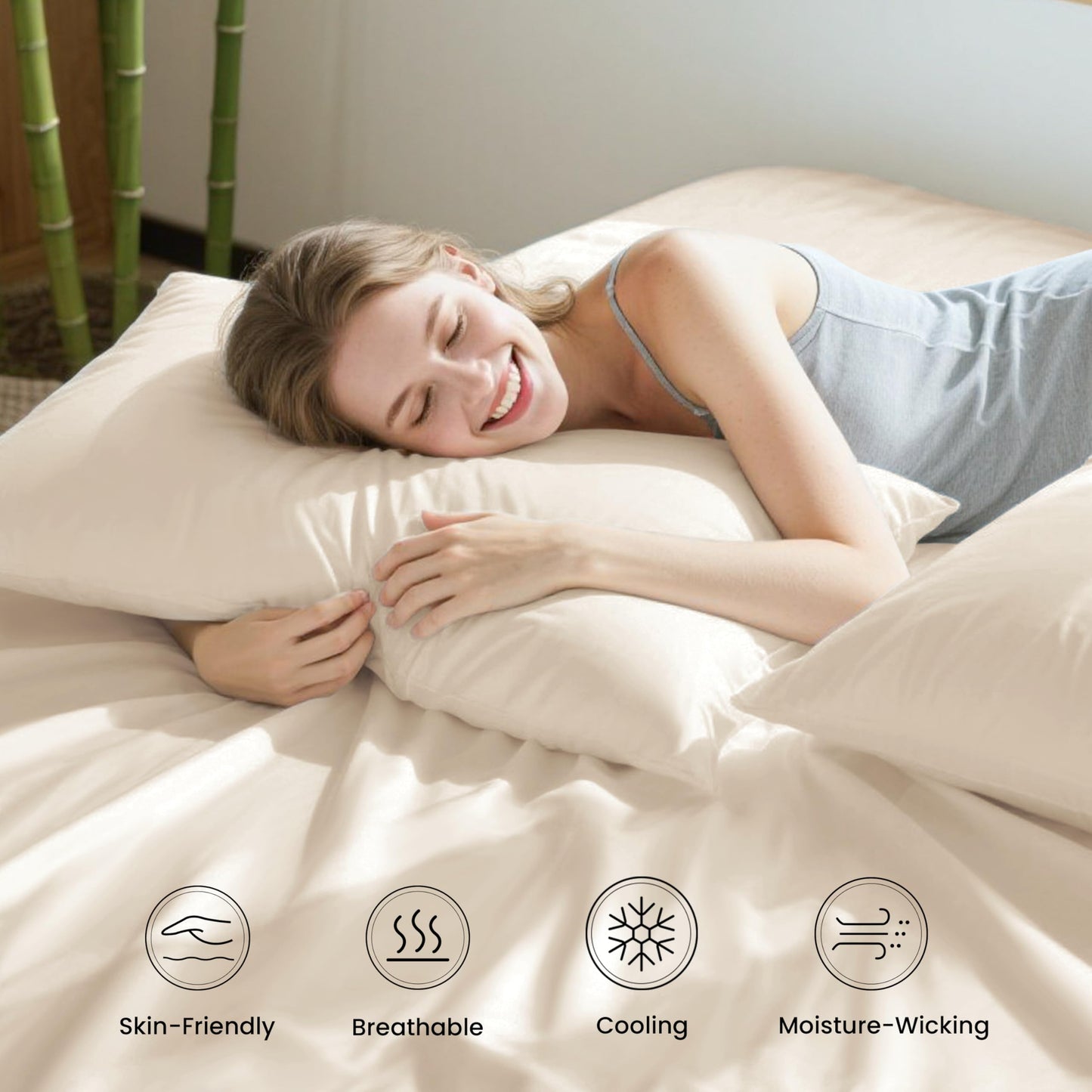 Love's cabin 4 Piece Queen Sheet Set, 100% Rayon Derived from Bamboo, Cooling & Breathable, Soft Silky Deep Pocket up to 16", Hotel Luxury Bedding for Hot Sleepers, Beige