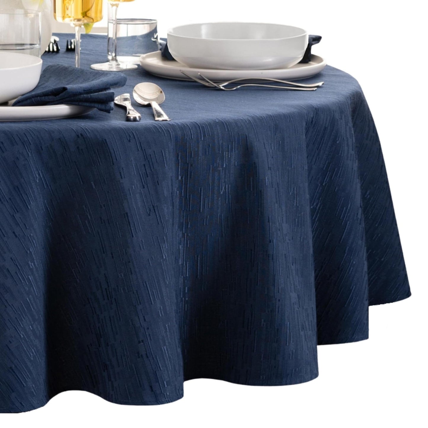 Threadmade Continental Solid Texture Water Resistant Tablecloth, Navy - 90" W x 90" L Round