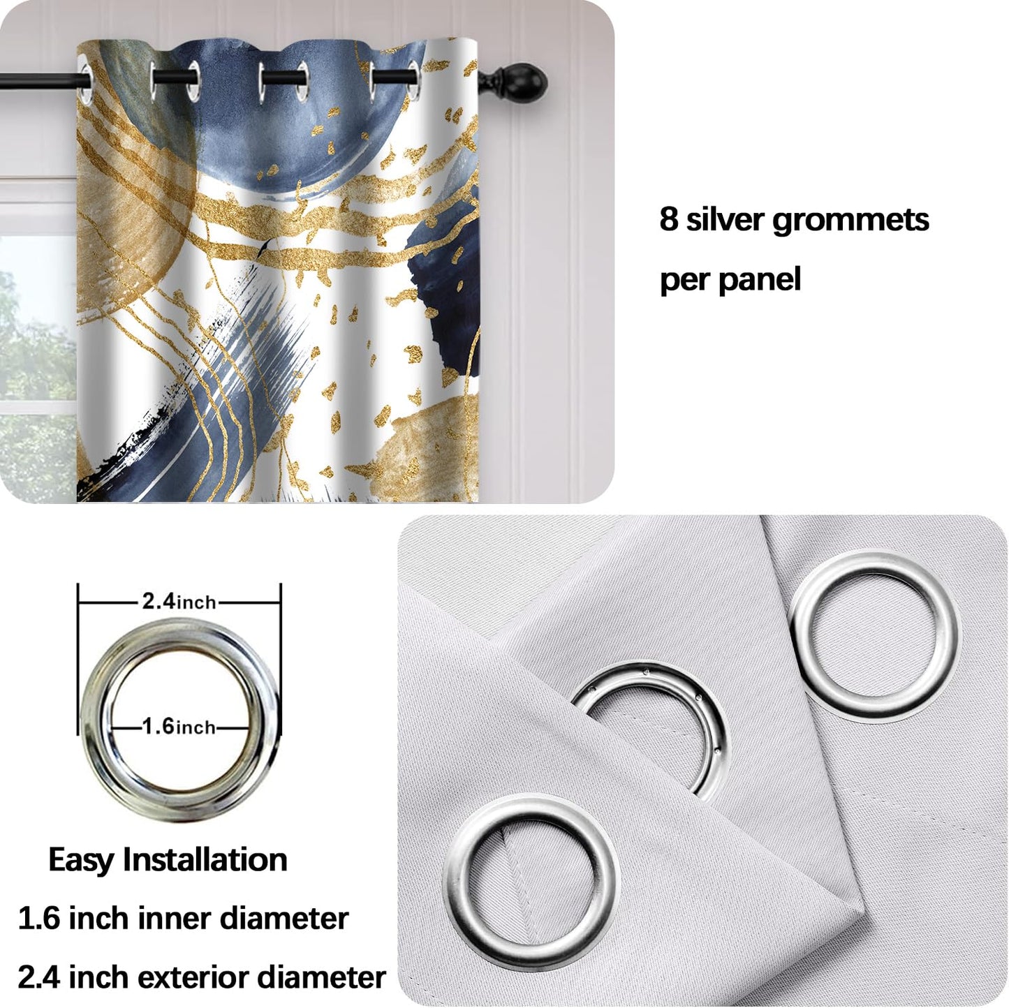 Aeyadis Abstract Blue Gold Blackout Curtain, Boho Aesthetic Modern Window Curtains Living Room Bedroom Decor Thermal Curtain Darkening Grommet Window Drapes Treatments, 2 Panels 52x84 Inch