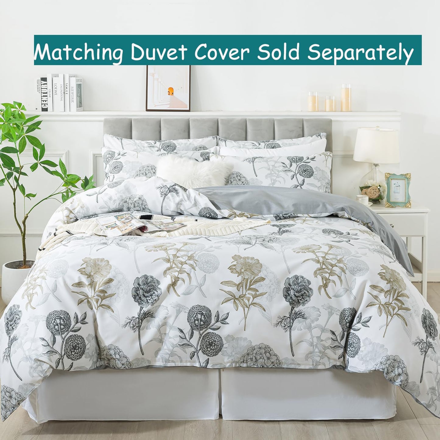 FADFAY Queen Sheets Set Percale Cotton Grey Floral Bed Sheets Deep Pocket Fitted Sheet, Luxury Ink Vintage Grey Hydrangea Printed Shabby White Bedding for All Season, Super Soft Crisp & Cool, 4 Pcs