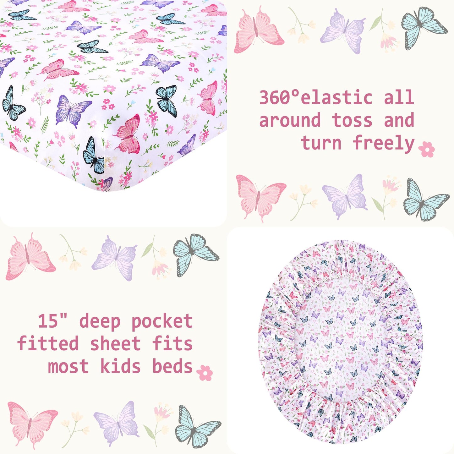 Softan Kids Bed Sheet Set, 3-Piece Twin Sheets Set, Microfiber Fitted Sheet with 15 Inches Deep Pocket and Corner Straps, Breathable & Silky Soft Butterfly Flower Printed Sheet and Pillowcase Sets