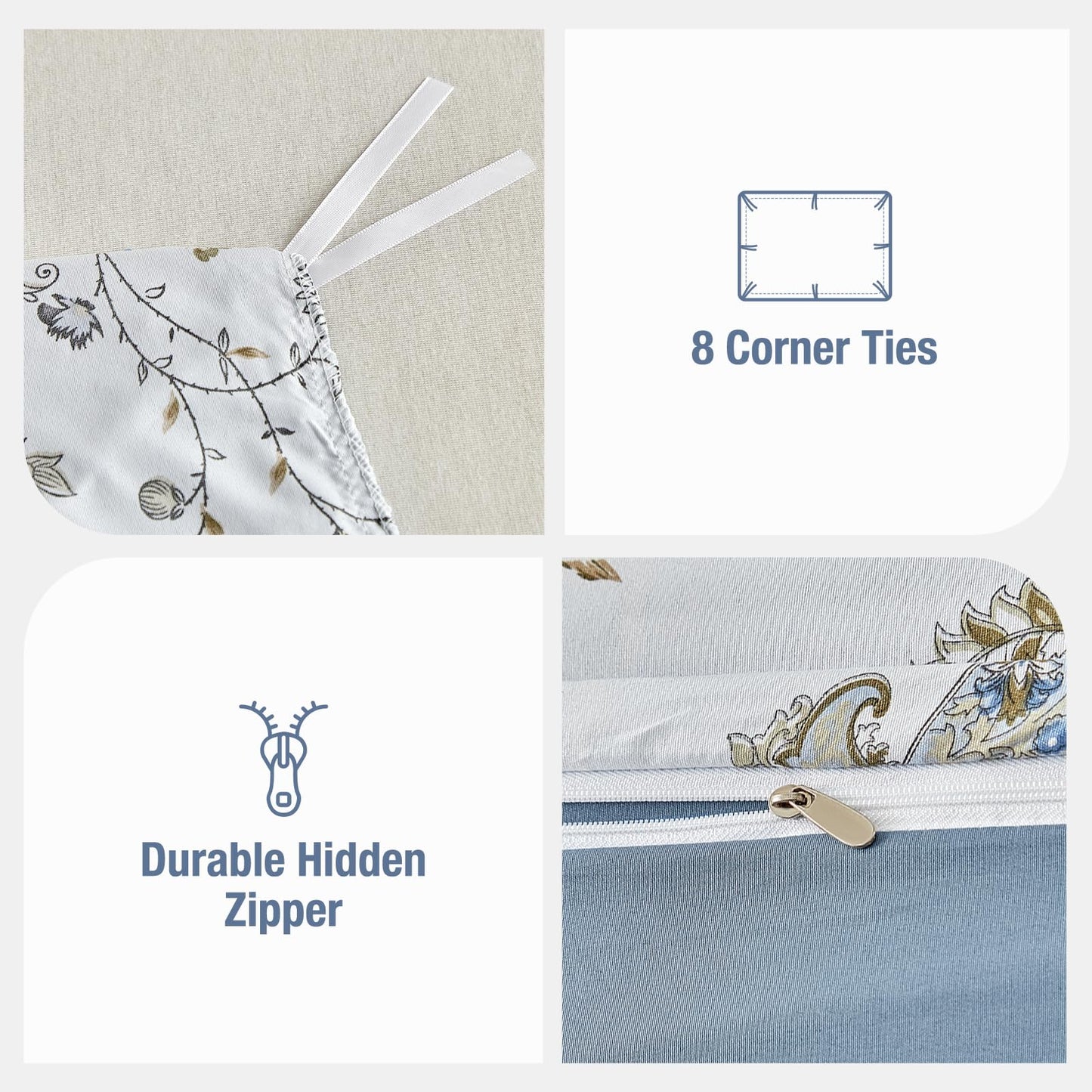 Lekesky Queen Size Duvet Cover Set, Patchwork Floral 3 Pieces Reversible Blue Paisley Duvet Cover Set, Ultra-Soft Microfiber 3 Pieces Comforter Cover with Zipper, Includes 2 Pillowcases
