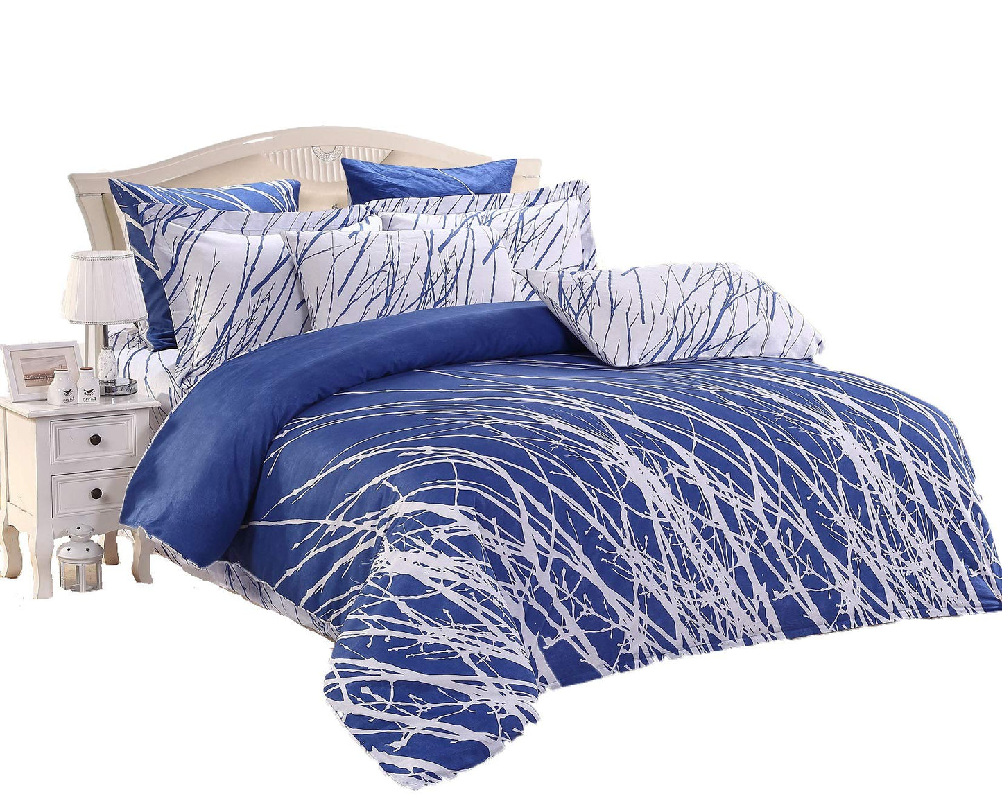 Swanson Beddings Tree Branches 3-Piece 100% Cotton Bedding Set: Duvet Cover and Two Pillow Shams (Blue-White, King)