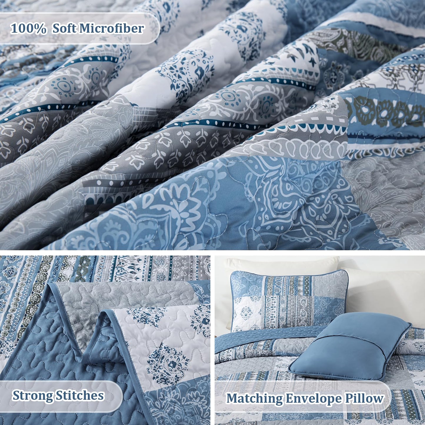 Dintszyayue Boho Quilt Set Queen Size Patchwork Bedspread Coverlets, Blue/Gray Bohemian Plaid Quilt Bedding Set Soft Microfiber Summer Bedding Bedspread Set, 96''x90''