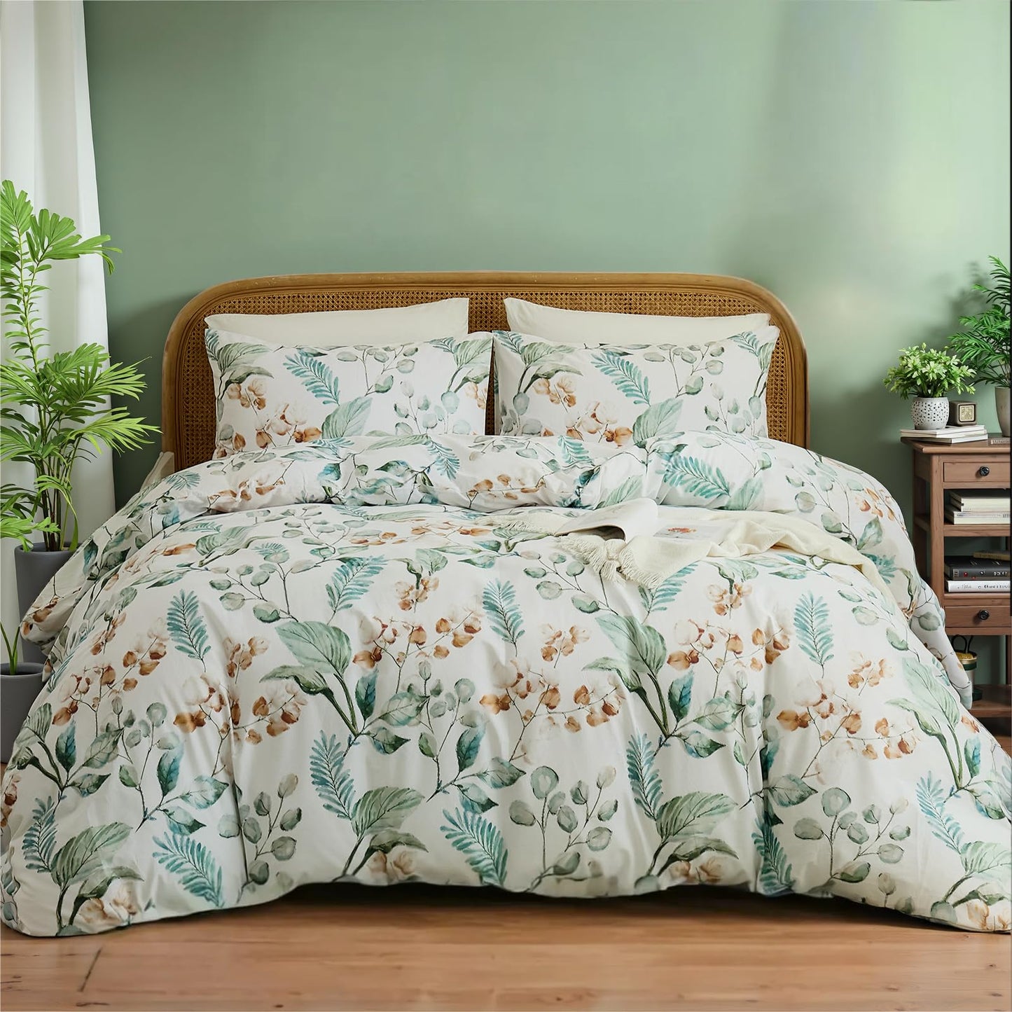 Cozaline 100% Cotton Duvet Cover King Size – Eucalyptus Botanical Print Green Floral Duvet Cover Set, 3-Piece Soft Breathable Natural Premium Cotton Bedding Set for All Seasons