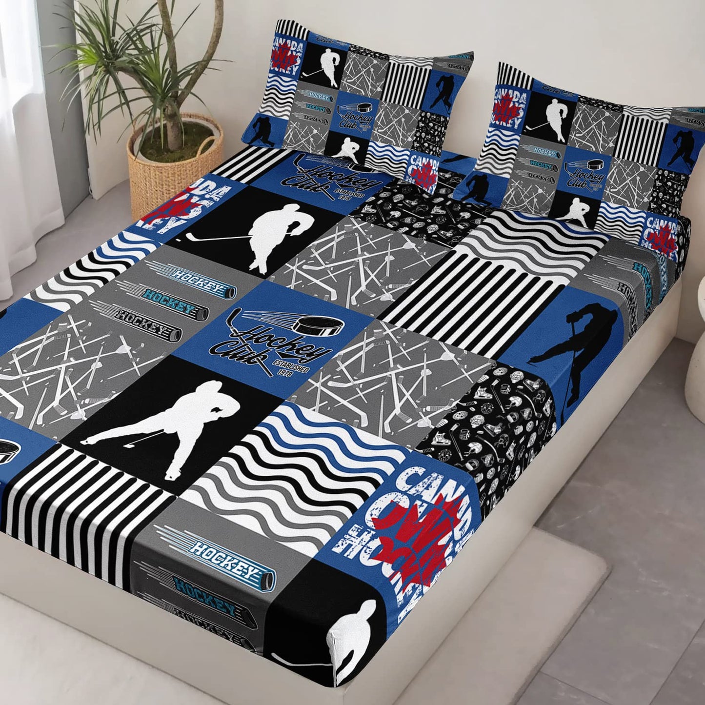 HOSIMA Hockey Fitted Sheets,Ice Hockey Player Bedding Set Twin Size,Lattice Bed Cover with Deep Pocket Cartoon Bedding for Kids Boys Girls Gift,1 Fitted Sheet with 2 Pillow Cases.