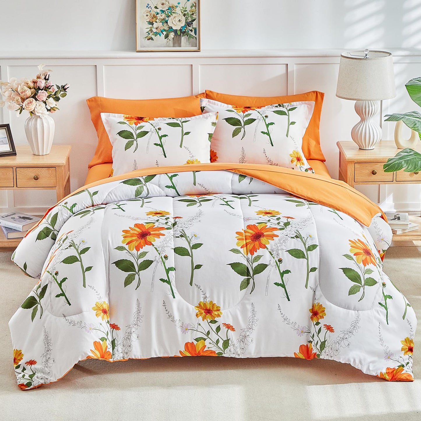 Joyreap 6 Piece Bed in a Bag Twin, Floral Comforter Sheet Set, Orange n Yellow Flowers on White Design, All Season Microfiber Bedding Comforter Set