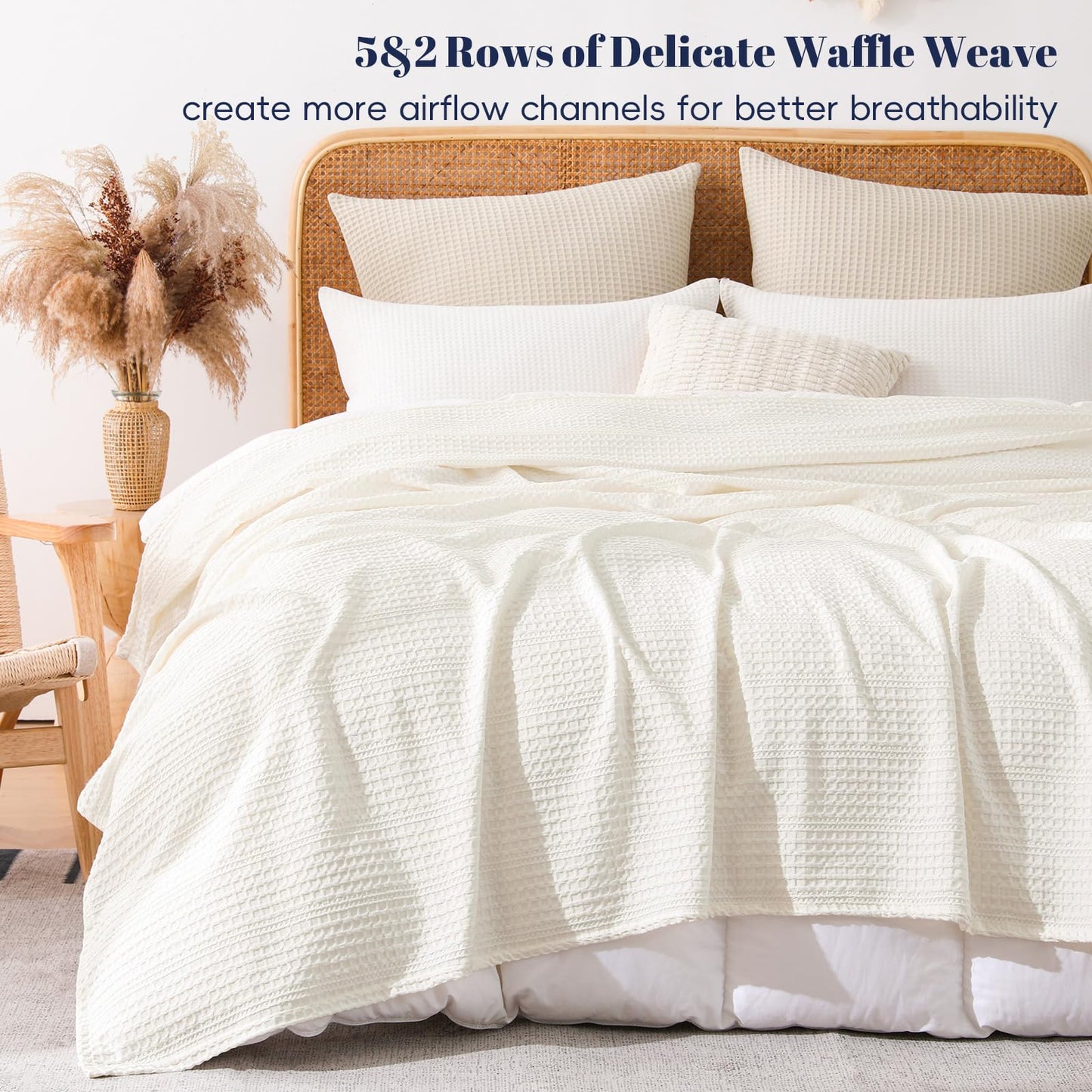 PHF Lightweight Waffle Weave Throw Blanket 50"x 60", Soft Woven Summer Blanket for Hot Sleepers - Aesthetic Home Decor for Couch Bed Sofa, Pet Friendly, Cream