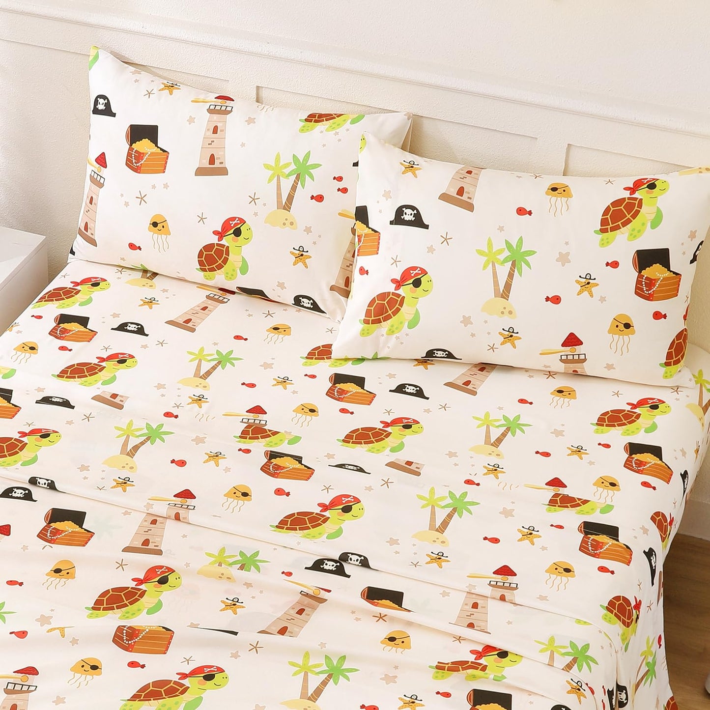 ChicView Queen Sheet Set Kids,4 Pieces Breathable Soft Microfiber Bedsheets for Child Boys Girls, Anti Pilling Deep Pockets Easy Care Bed Sheets, Turtle