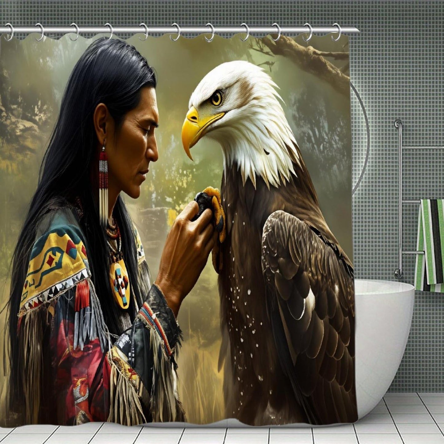 DGOGNFDNG Native American for Man and Eagle Shower Curtain 71x71 Inches Waterproof and Bright Fabric Shower Curtains Bathroom Toilet Accessories Decor