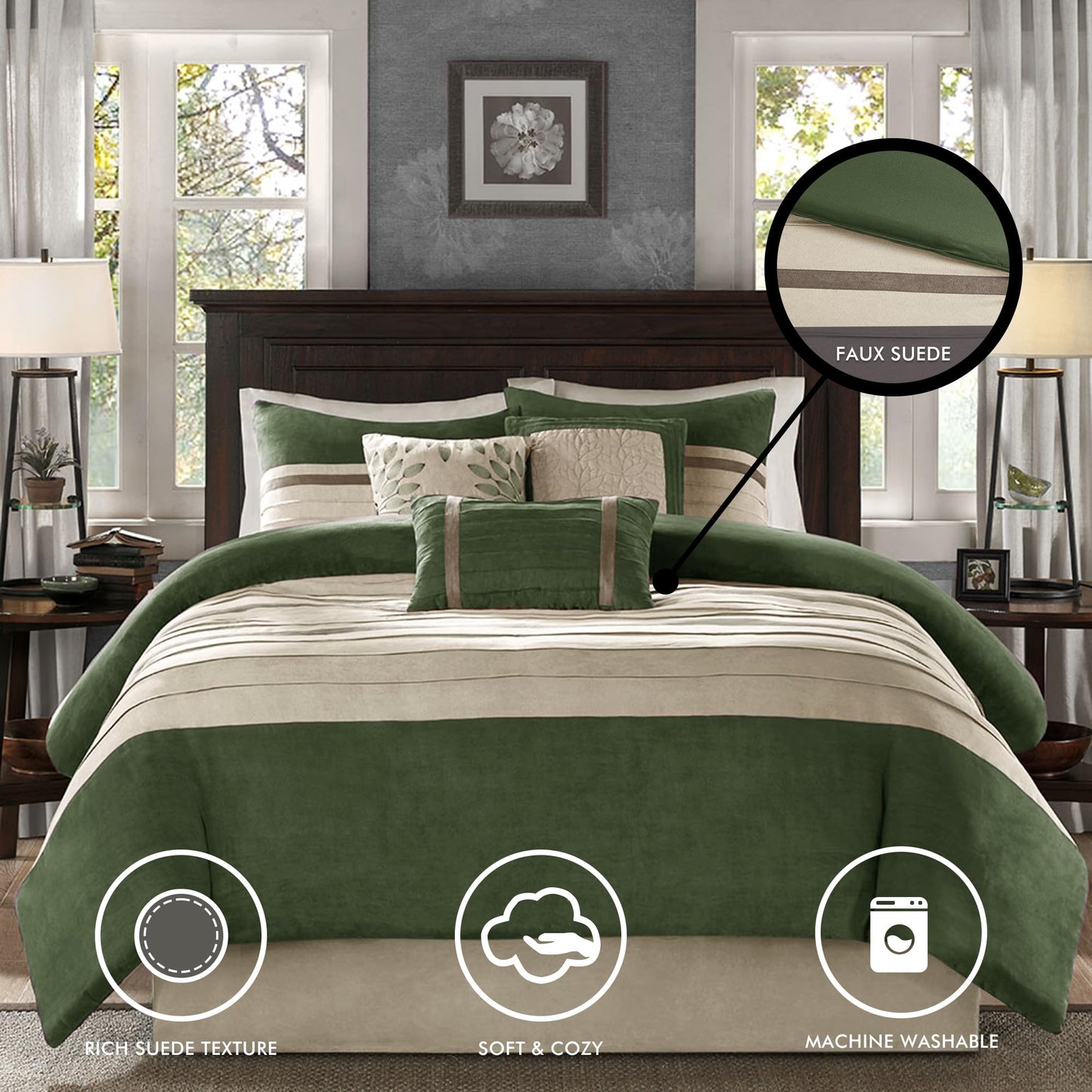 Madison Park Palmer Comforter Set-Luxury Faux Suede Design, Striped Accent, All Season Down Alternative Bedding, Matching Shams, Decorative Pillow, Bed Skirt, King (104 in x 92 in), Green 7 Piece