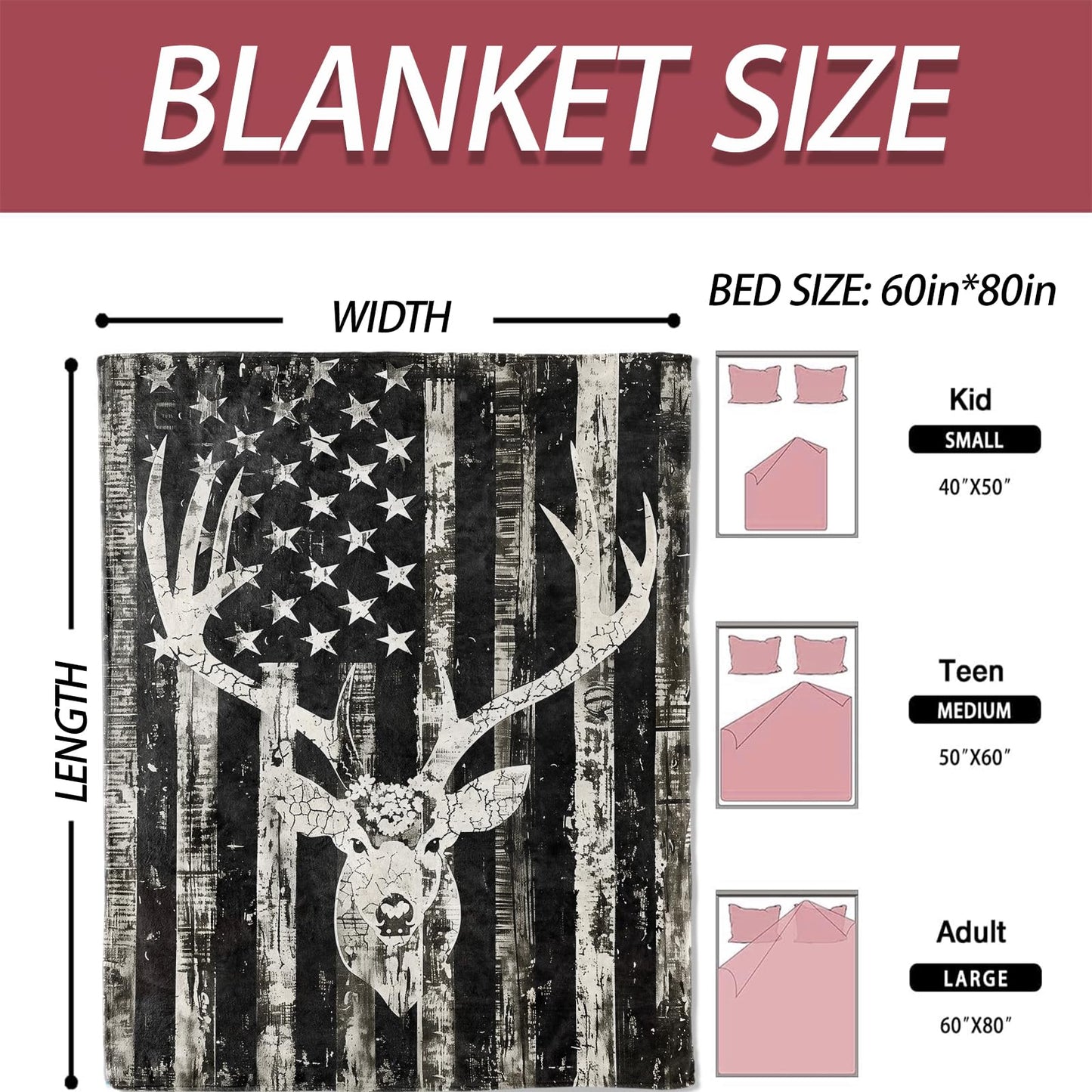 ICAAV Rustic Deer Head American Flag Flannel Blanket 50x60in,Black and White Distressed Patriotic Hunting Decor,Soft Lightweight Gifts Throw for Outdoorsmen,Hunters,Cabin and Rustic Style Fans