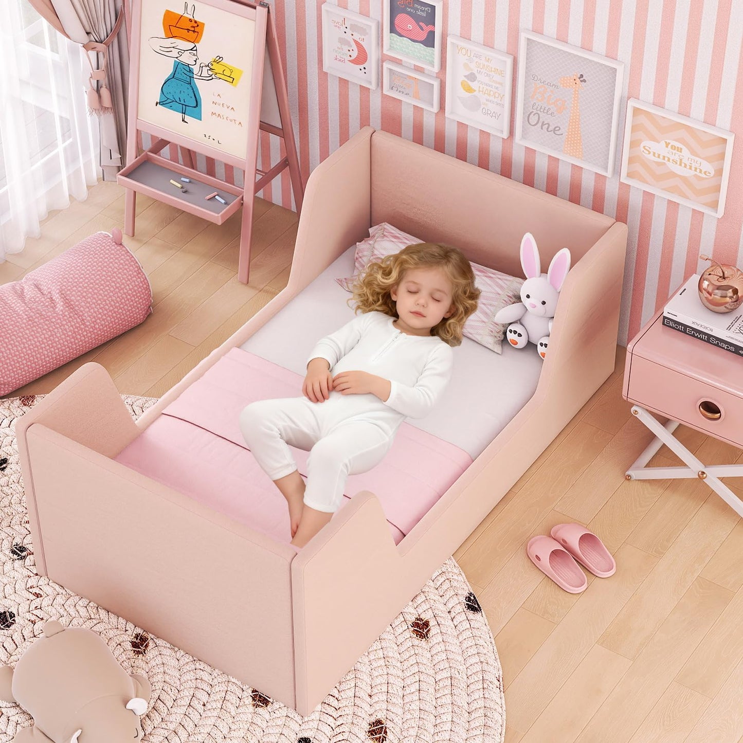 Costzon Toddler Bed, Soft Velvet Fabric Upholstered Children Floor Bed Frame with Safety Rails, No Mattress, Kids Bed for Girl Boys (Wood Foam, Pink)