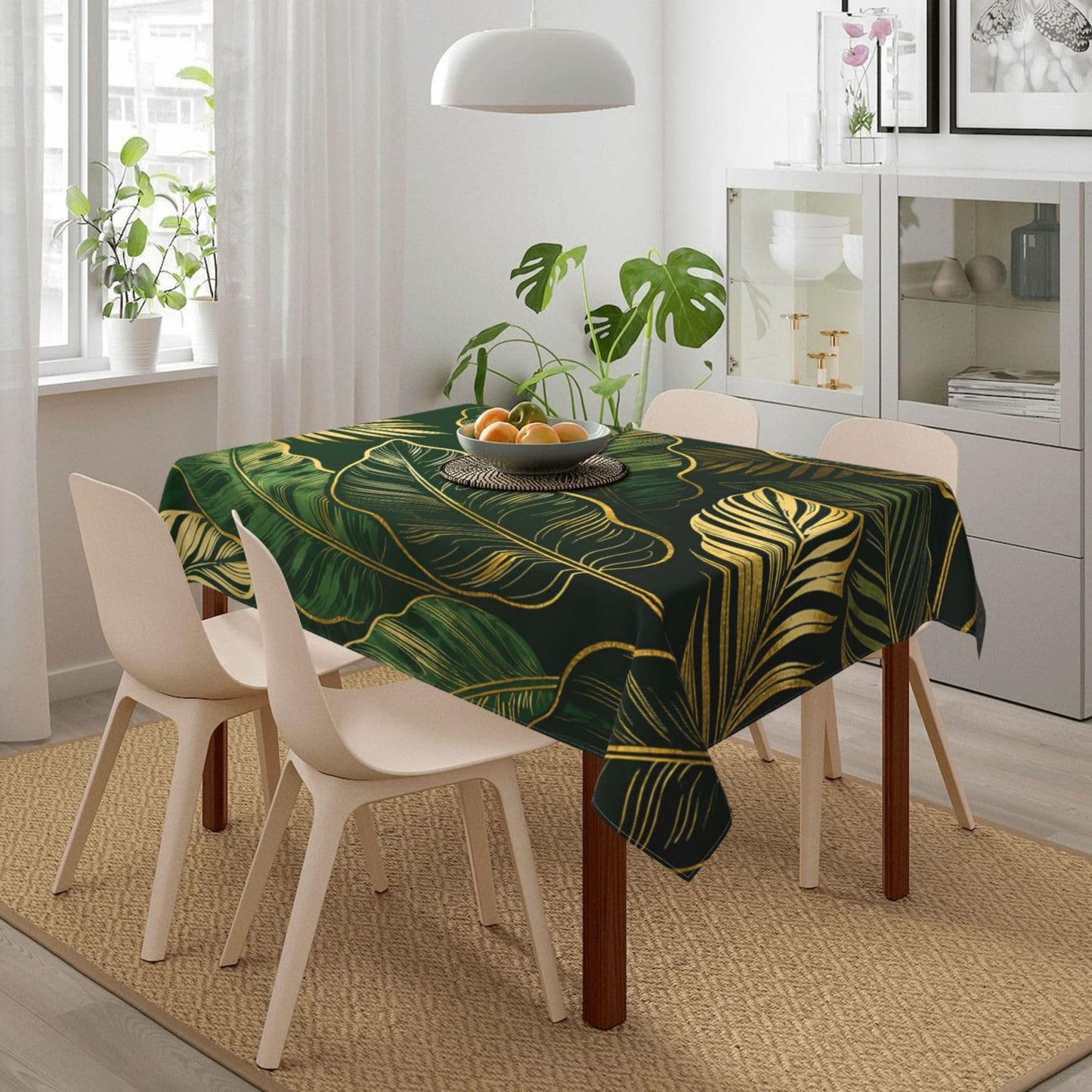 Kuderiy Green Gold Leaves Rectangle Tablecloth Palm Tree Leaf Table Cloth Summer Vintage Tropical Botanical Rectangular Tablecloth Luxury Table Cover for Dining Room Kitchen Party 54 x 72 Inch