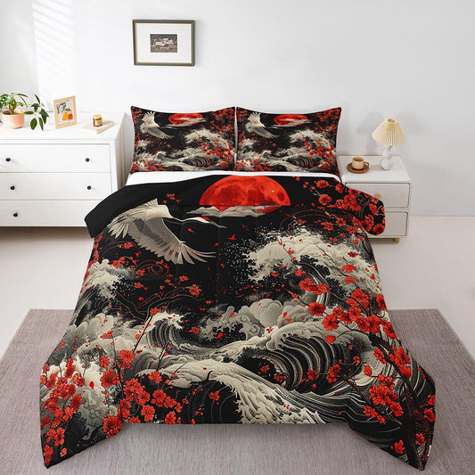Vintage Japanese Art Full Comforter Set Retro Ukiyoe Bedding Set Full, Chic Cherry Blossom Flower Bedding Comforter Sets Crane Wildlife Animal Duvet Set, Red Sun Print Ocean Wave Quilted Comforter