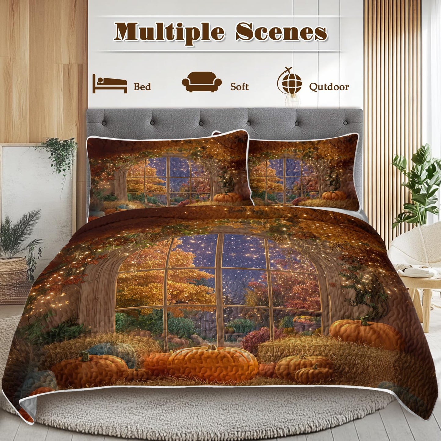 BlessLiving Fall Quilt Set King Size: Ultra Soft Microfiber Lightweight Shining Pumpkin Bedspreads Coverlets Quilt Bedding Set with 2 Pillow Shams for All Seasons