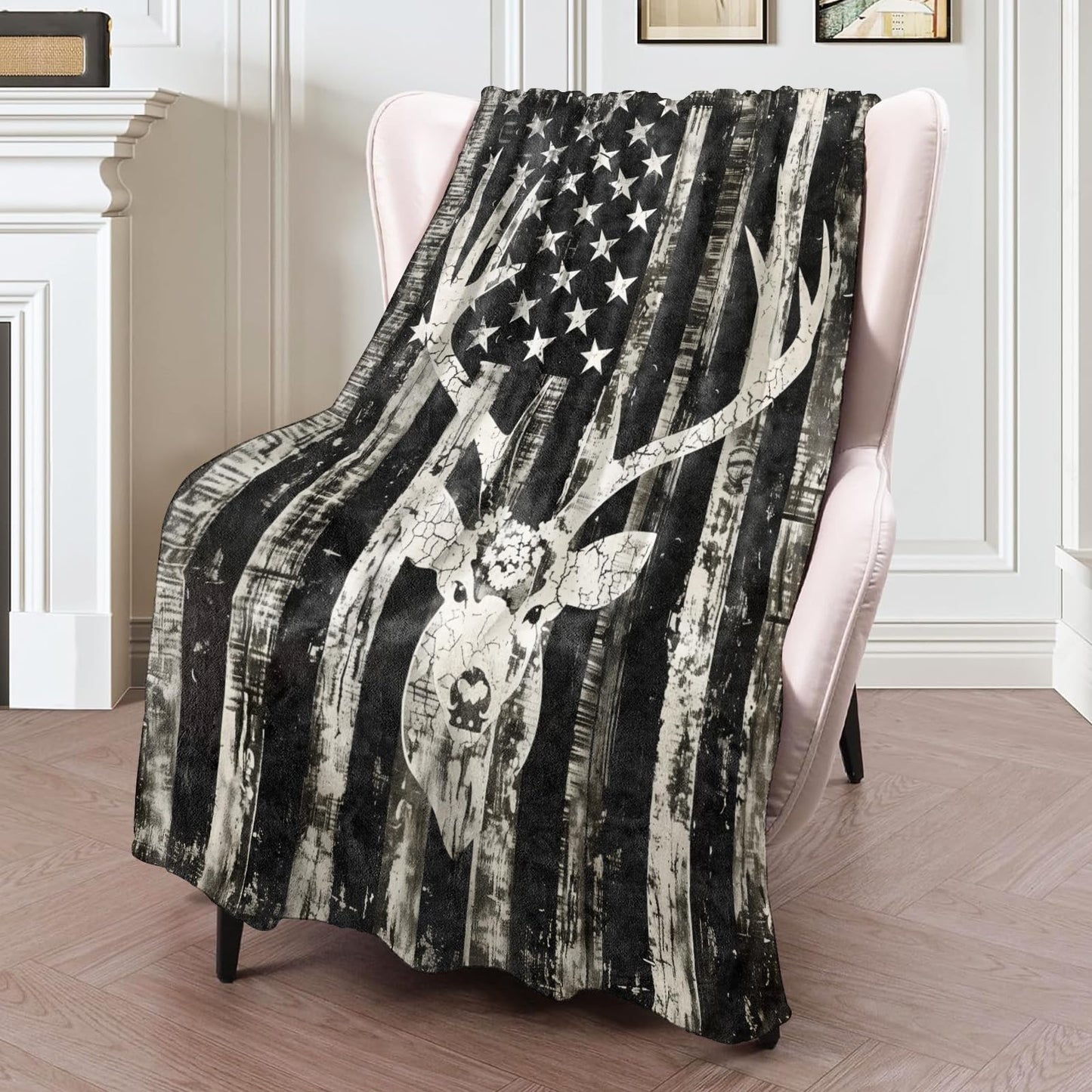 ICAAV Rustic Deer Head American Flag Flannel Blanket 50x60in,Black and White Distressed Patriotic Hunting Decor,Soft Lightweight Gifts Throw for Outdoorsmen,Hunters,Cabin and Rustic Style Fans
