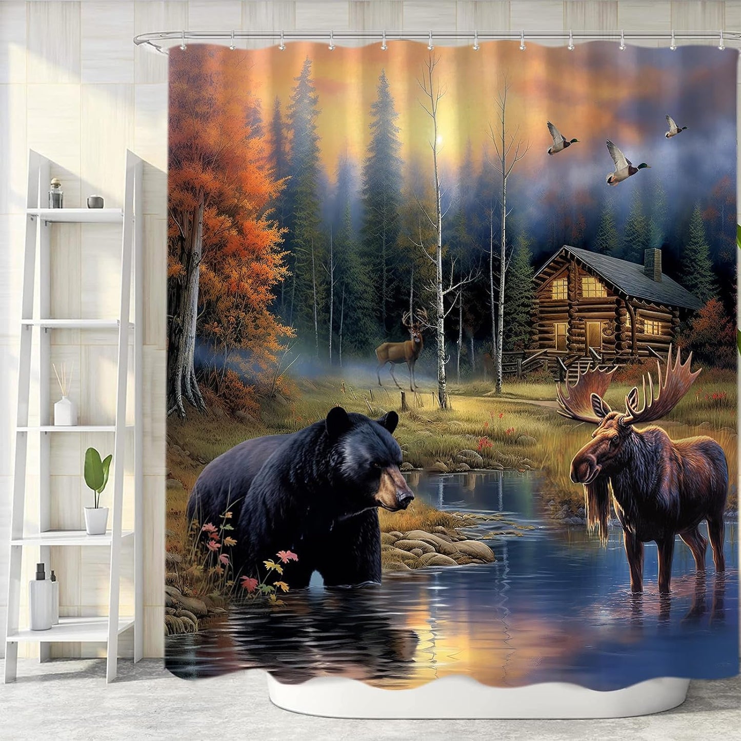 Sanzugh Rustic Bear Shower Curtain, Country Moose Deer Cabin Fabric Shower Curtains Set for Bathroom Lake Lodge Duck Farmhouse Decoration with Hooks 60 X 72 inch Bath Decor