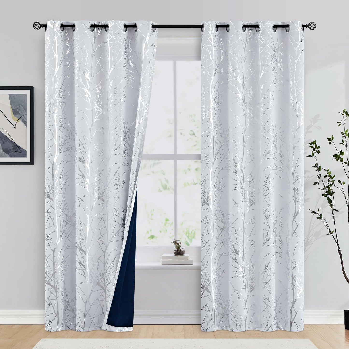 FMFUNCTEX 100% Blackout Curtains Siver Tree Branch Curtains for Living Room, Curtains 84 Inches Length Metallic Print Curtain for Bedroom, Room Darkening Drapes for Home Office Grommet Top 2 Panels