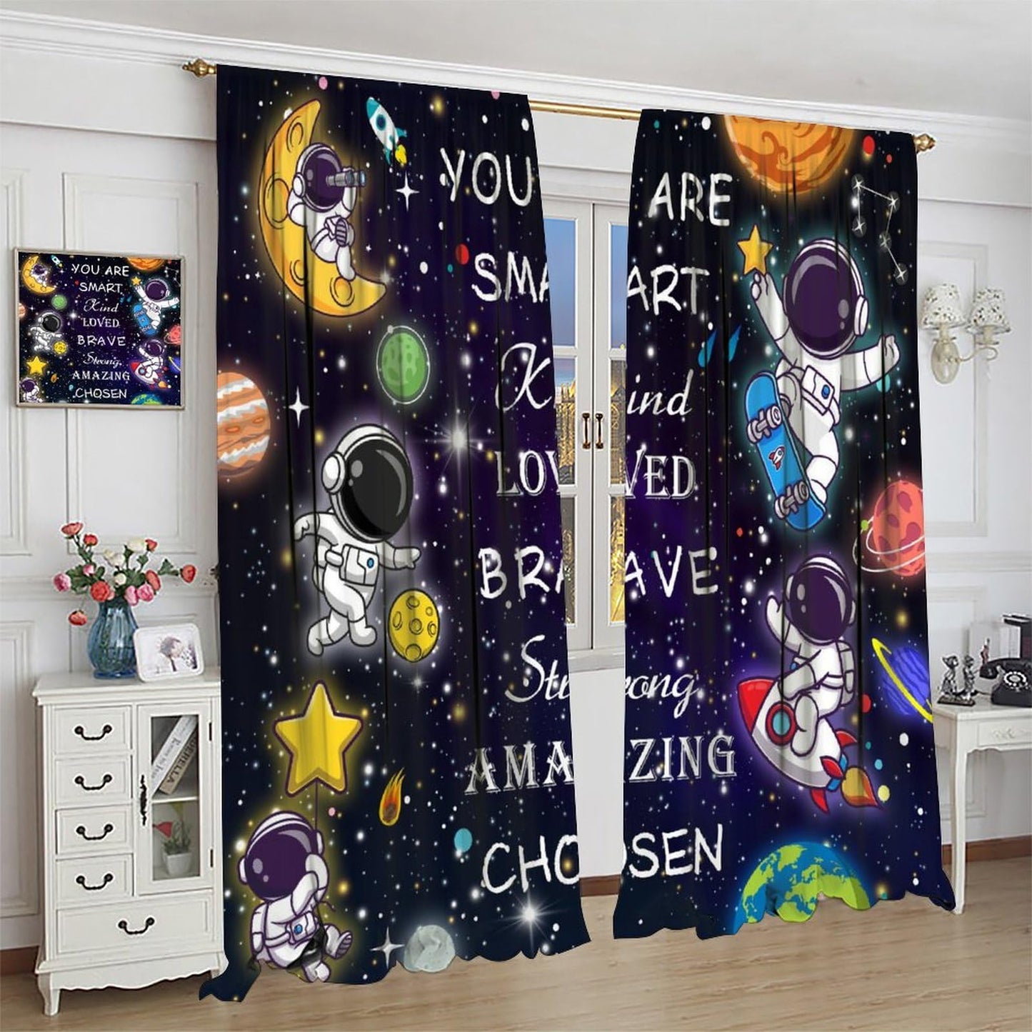 AAVEUP Space Astronaut Blackout Curtains for Kids,Cartoon Universe Galaxy Space Planet Astronaut Inspirational Quotes Learning Window Treatments for Boys Nursery Bedroom Living Room 63x72in