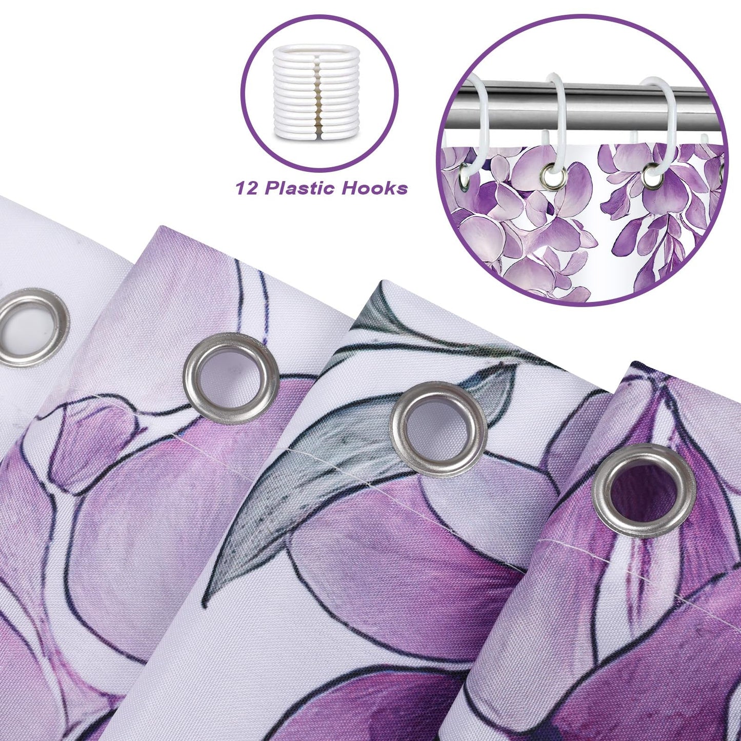COZZSNUGE Purple Lavender Floral Shower Curtain,Spring Wisteria Flower Butterfly Lilac Girls Shower Curtain Waterproof Polyester for Bathroom with 12 Hooks, 72 x 72 Inches