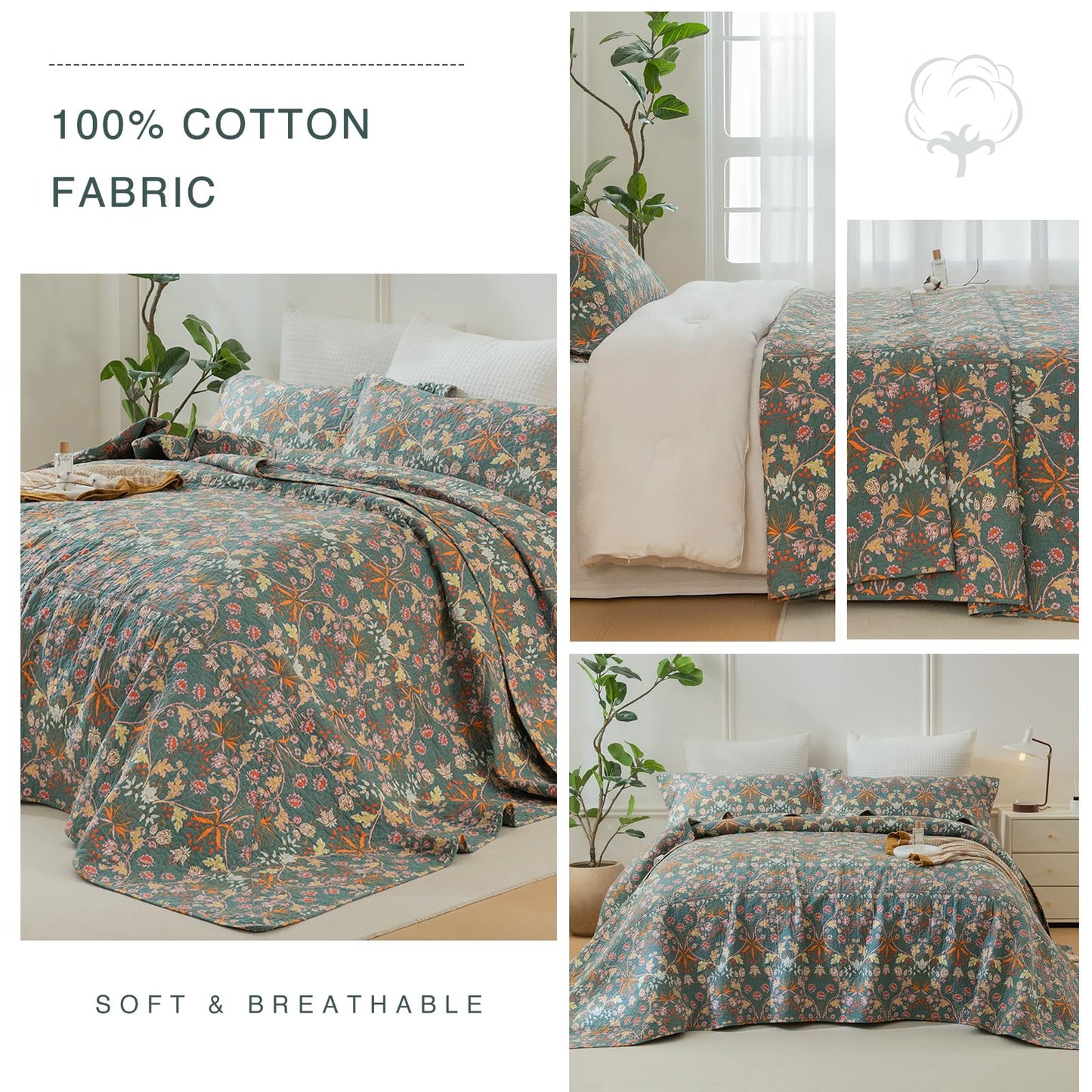 QSH 100% Cotton Oversized King Bedspread Set(128"x120")-3Pcs Floral Quilt Coverlet California King Size Luxury Paisley Flower Botanical Printed Bedspread Bedding Set Lightweight Soft for All Season