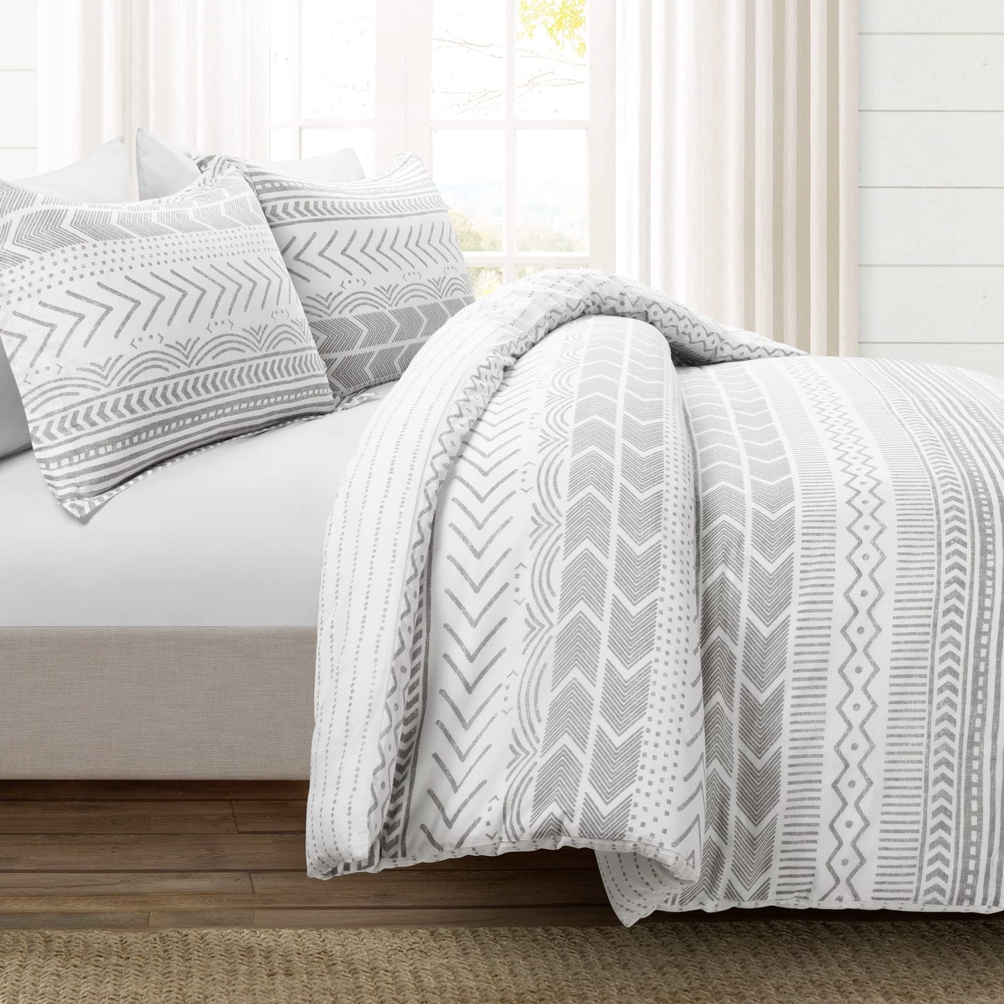 Lush Decor Hygge Geo Reversible 3 Piece Cotton Duvet Set, Full/Queen, Gray & White