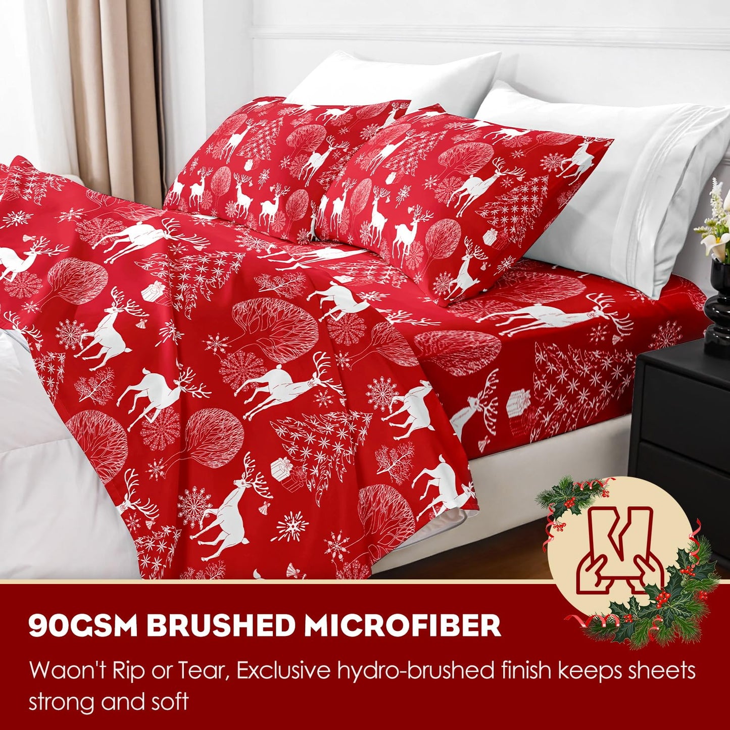 HCORA Christmas Queen Sheet Set, Luxury 1800TC Hotel Quality Double Brushed Microfiber Deep Pocket Bed Sheets, Ultra Soft, Breathable, 4PC, Queen Size
