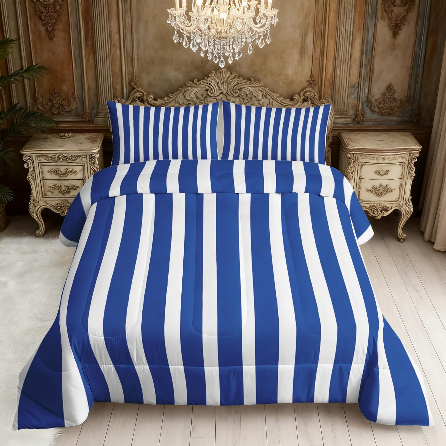 TANCAPRIUM Blue White Striped Comforter Set Twin - Nautical Bedding Set & 2 Pilow Cases for All Season - Soft Reversible Down Alternative 3 Piece. Striped Bedrom Decor