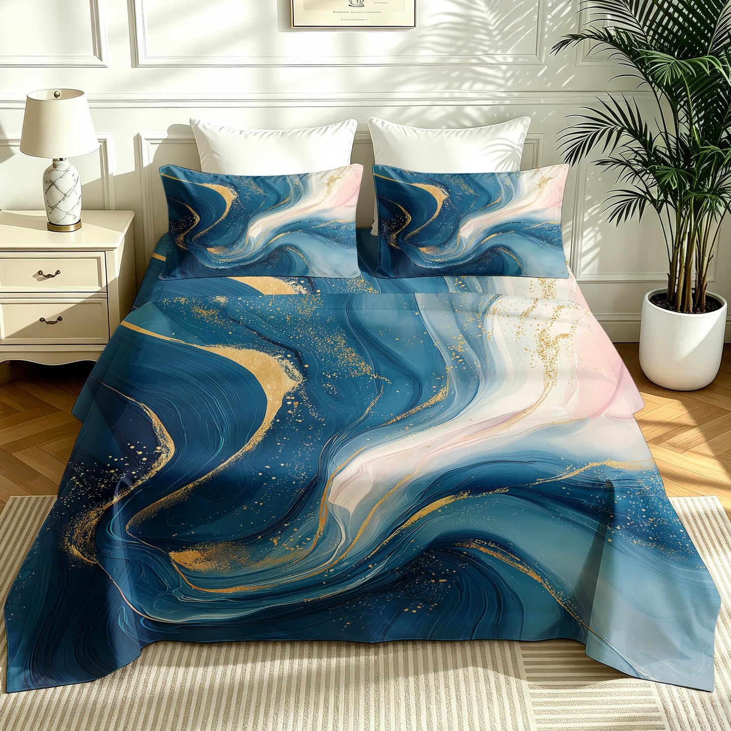 Marble Bedding Set 4 Pcs Fluid Liquid Swirl Full Sheets, Blue Gold