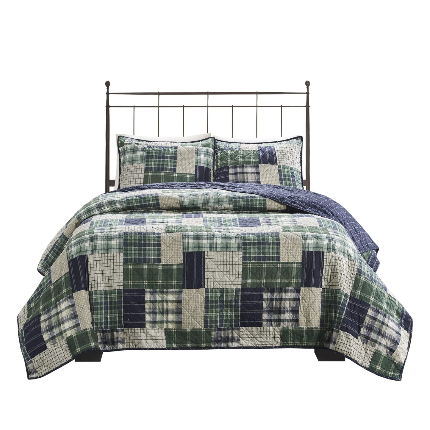 Madison Park Reversible Quilt Cabin Lifestyle Plaid Design - All Season, Breathable Coverlet Bedspread Bedding Set, Matching Shams, Full/Queen(90"x90"), Green/Navy 3 Piece