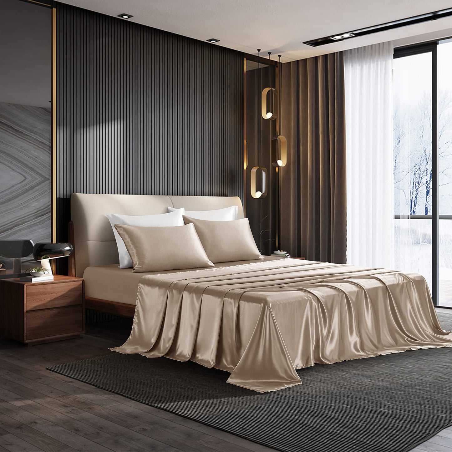NA HommxJF 4PCS Taupe Satin Sheets Full Size Taupe Silky Silk Sheets Sets Bedding Sets & Pillowcases with 1 Flat Sheet+1 Deep Pocket Fitted Sheet+2 Pillowcases