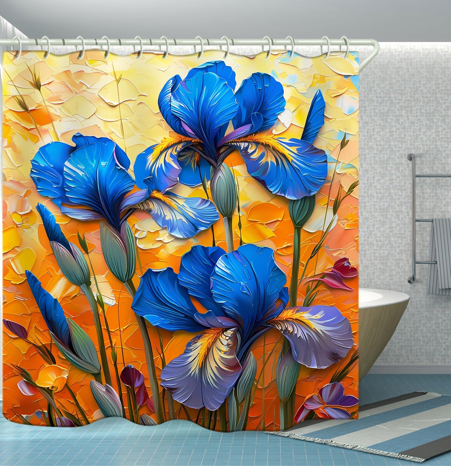 LYFANS Bathroom Shower Curtains Brings a Pleasant Mood to Bathing, with a Unique Artistic Waterproof Oil Painting Blue Flower Shower Curtain (72x79 Inches) Equipped with 12 Hooks.