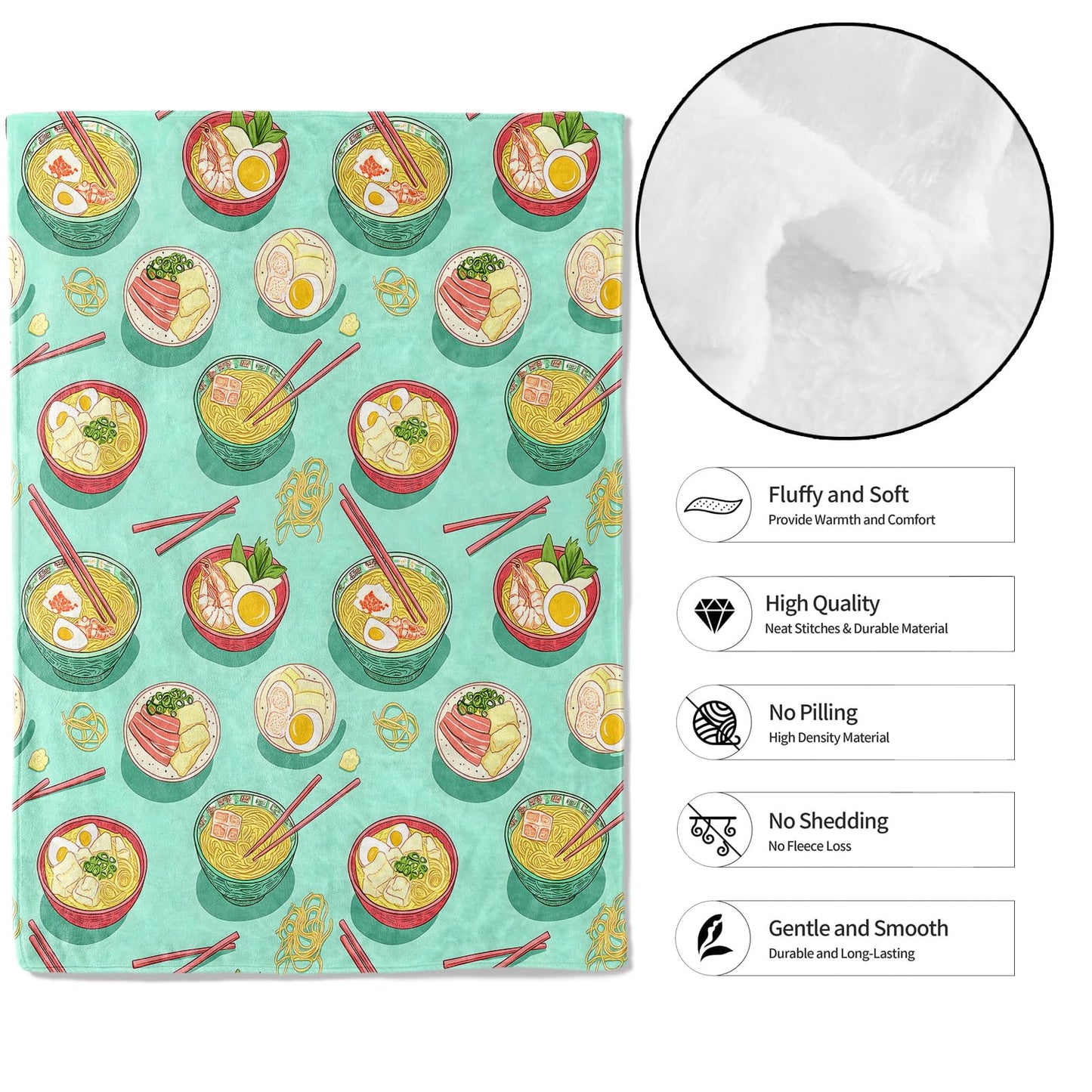 MIEPOS Ramen Noodle Throw Blanket,50x60in,Soft,Lightweight Flannel,Playful Japanese Noodle Bowl Blankets - Gifts for Kids Girls,Food Lovers,for Couch Office Travel,Home Living Room Decor
