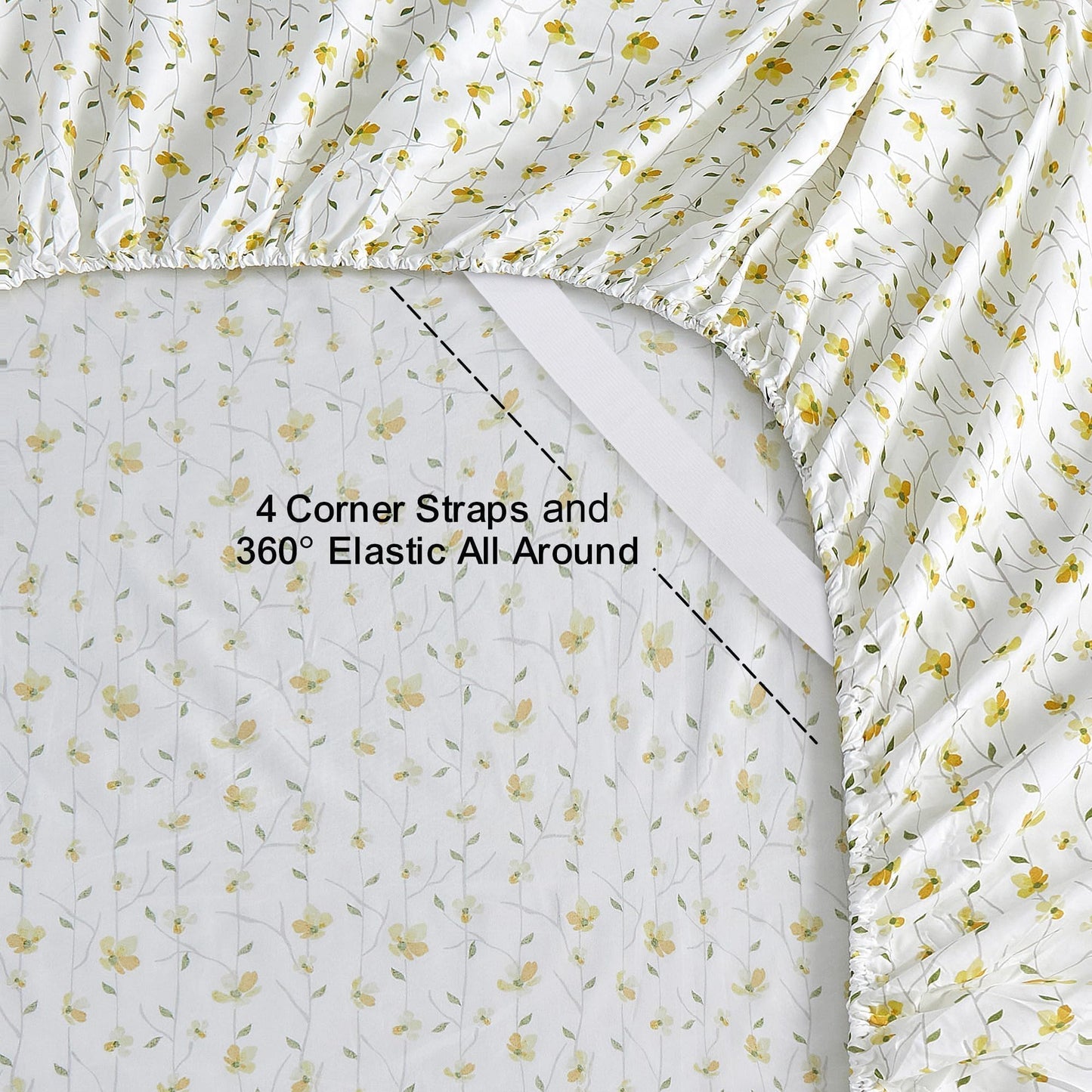 Softan Yellow Floral Bed Sheets Full Flower Printed Sheets - Patterned Microfiber Fitted Sheets Full with 15" Deep Pocket & Non-Slip Straps, Cute Flower Sheets & Pillowcase Set