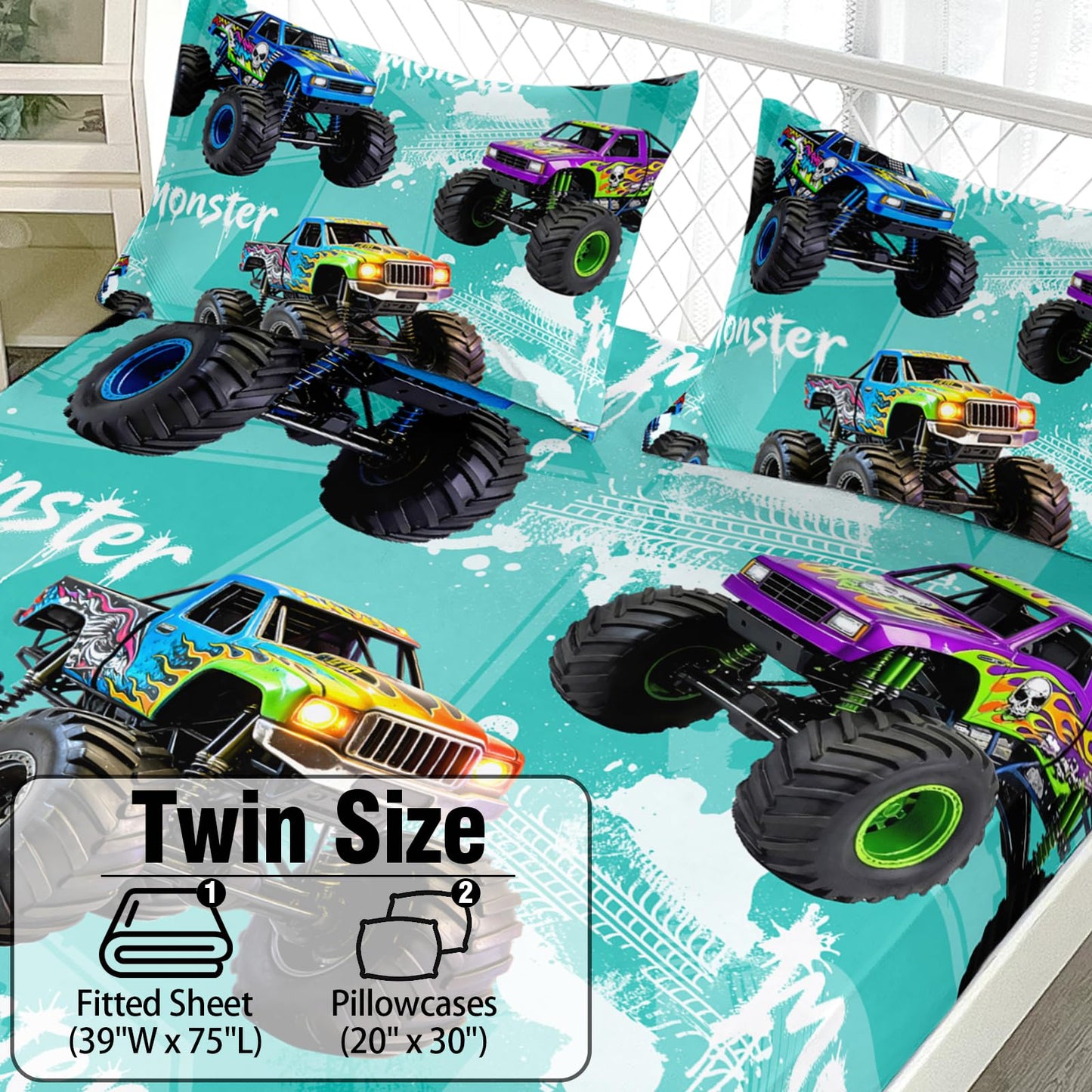AILONEN Teal Graffiti Monster Truck Twin Fitted Sheet Set 3 Piece,Skull Flame Racing Bedding with 2 Pillowcases,Off Road Vehicle Linens for Boys Kids,16 Inch Deep Pocket Microfiber