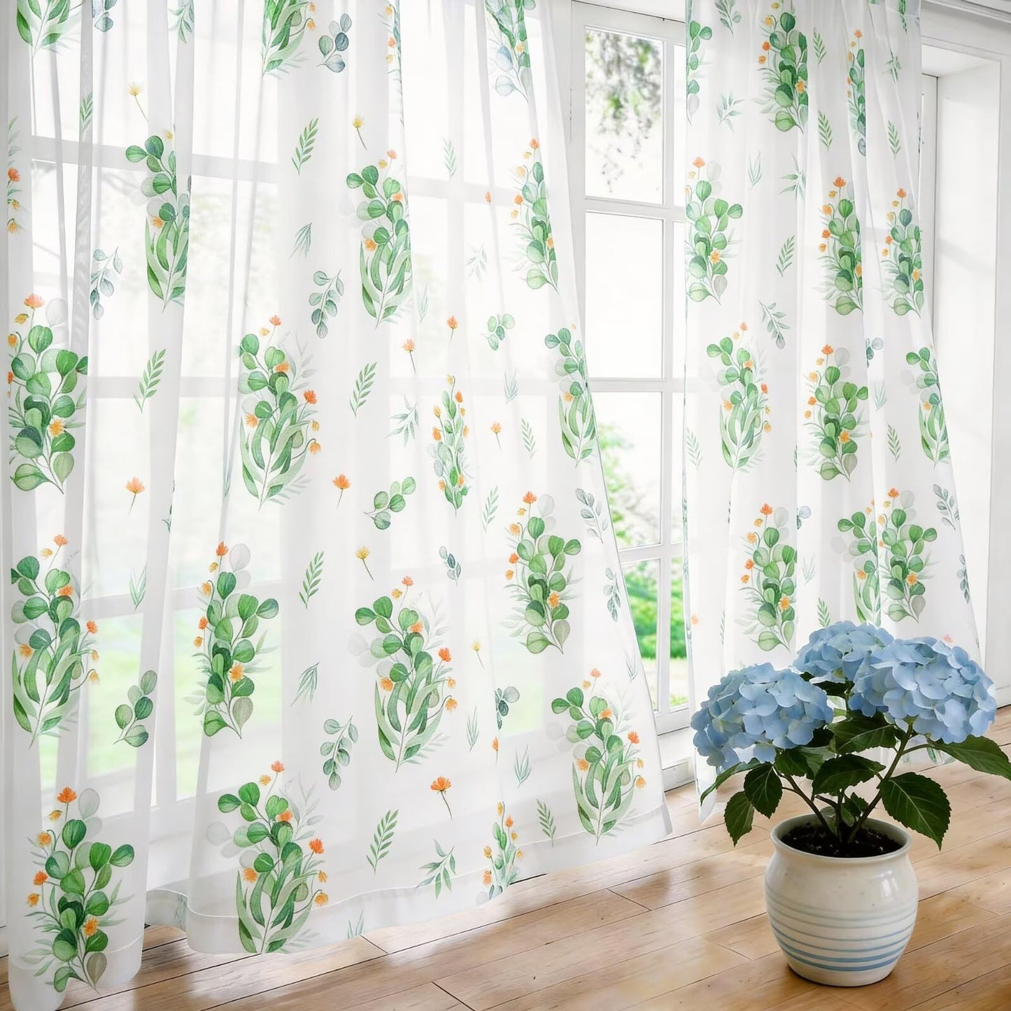 youleyar Floral Sheer Curtains for Living Room 84 Inches Long 2 Panels White Semi-Sheer Curtain with Green Floral Printed Pattern Summer/Spring Rod Pocket Voile Drapes for Bedroom, 52" W x 84" L