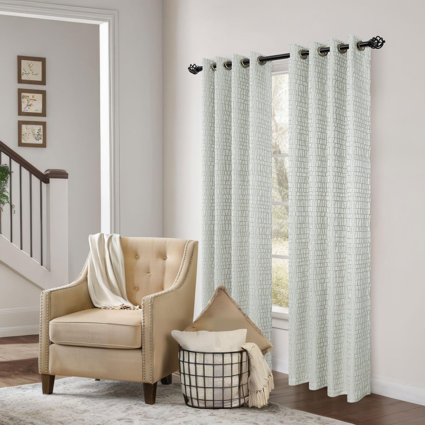 Sage Green Pattern Curtains for Living Room Bohemian 50% Blackout Room Darkening Printed Drapes Grommet Geometric Ethnic Buffalo Plaid Silk Textured Boho Curtains for Bedroom 84 Inches Long 2 Panels
