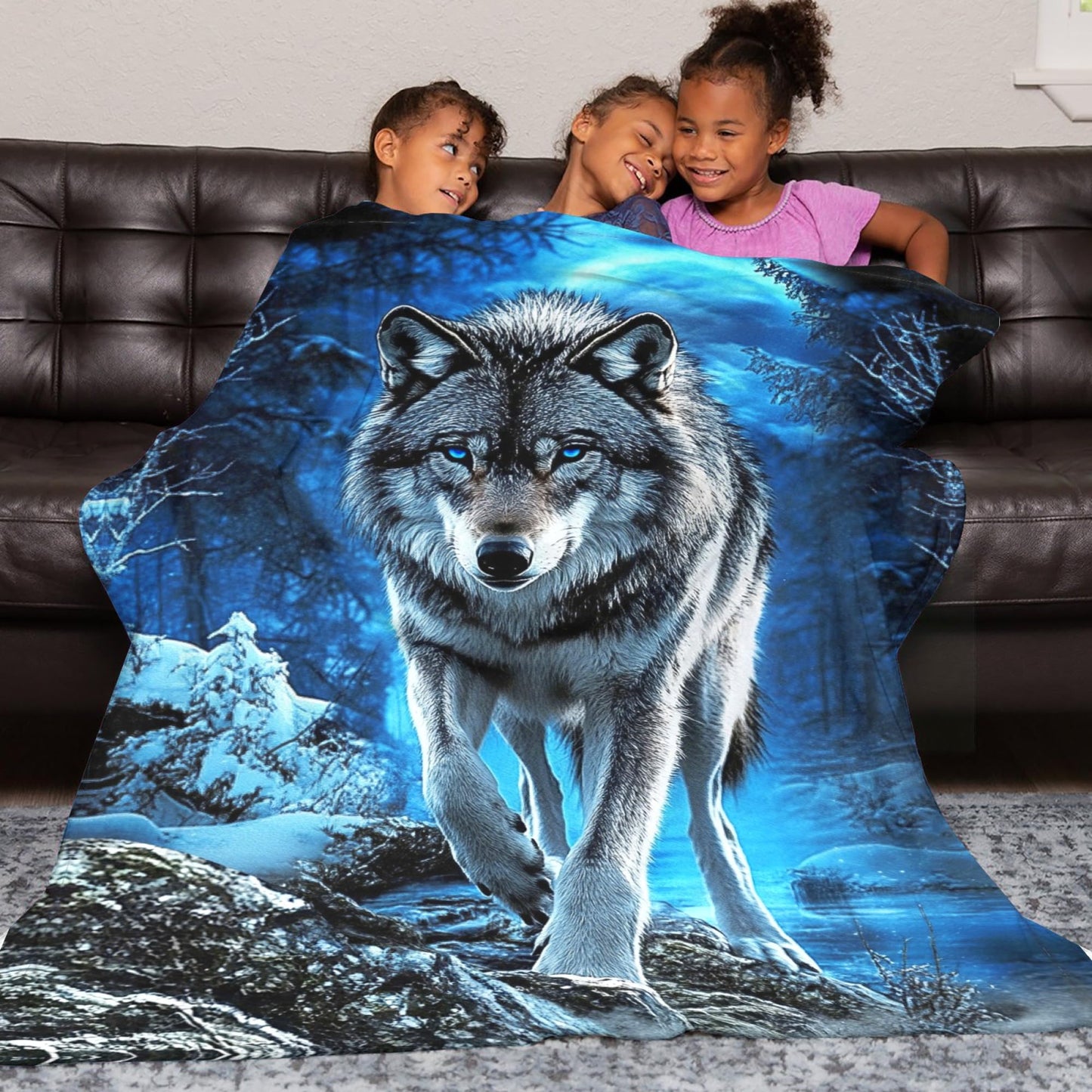Wolf Blanket for Men Women, Super Soft Cool Blue Forest Animal Majestic Wolf Stuff Blanket Gifts for Wildlife Lovers Adults Kids Girls Boys, Warm Cozy Fuzzy Plush Fleece Flannel Throw Blankets 50"x40"