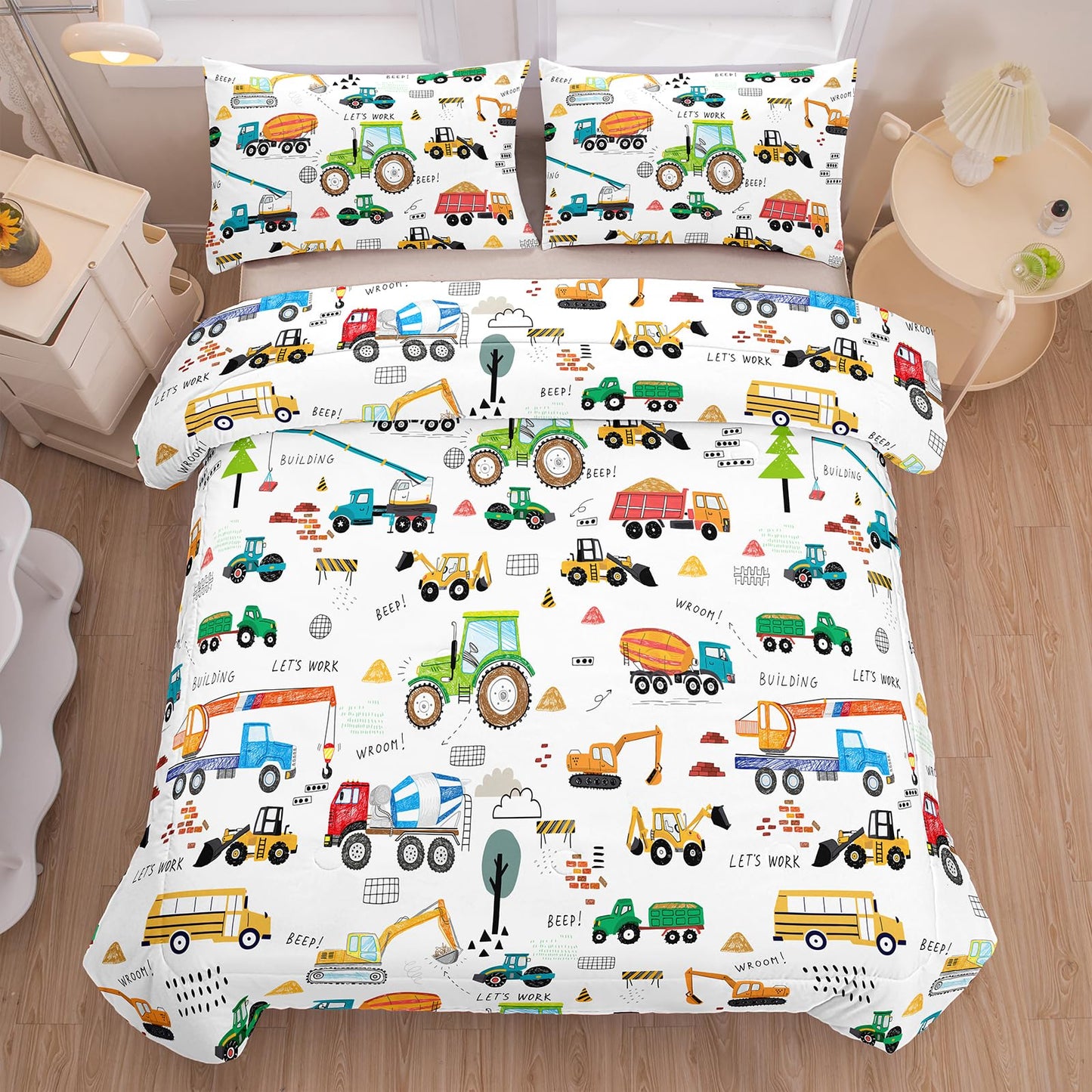 Peopleareok Construction Comforter Set Twin (68x86 Inch), 2 Pieces Construction Excavator Tractor Bedding Sets for Boys Toddler Children, Super Soft Microfiber Comforter with 1 Pillowcase