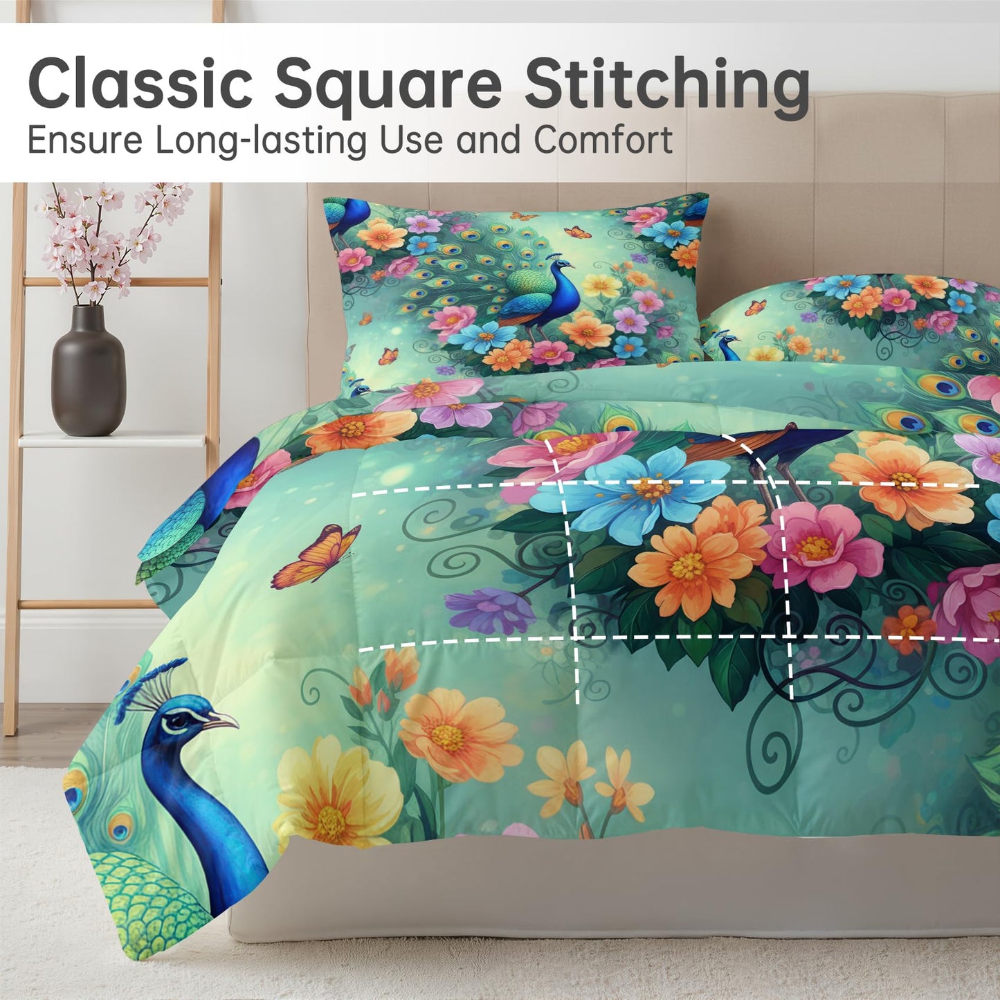 Peacock Butterfly Comforter Set Twin Size 2 Pcs - All Season Duvet Insert & Pillowcase, Oriental Asian Bedding Set, Soft Lightweight Down Alternative Comforter, Peony Bedroom Decor