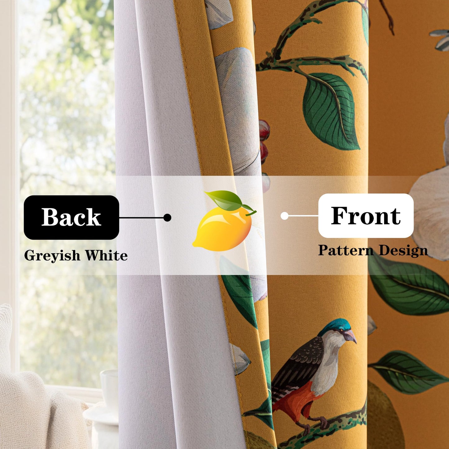 MYSKY HOME Yellow Floral Blackout Curtains 84 inch Long for Living Room Vintage Mid Century Style Lemon Hummingbird Patterned Room Darkening Privacy Drapes Grommet Bedroom Dining Room, 2 Pcs, 52"Wide