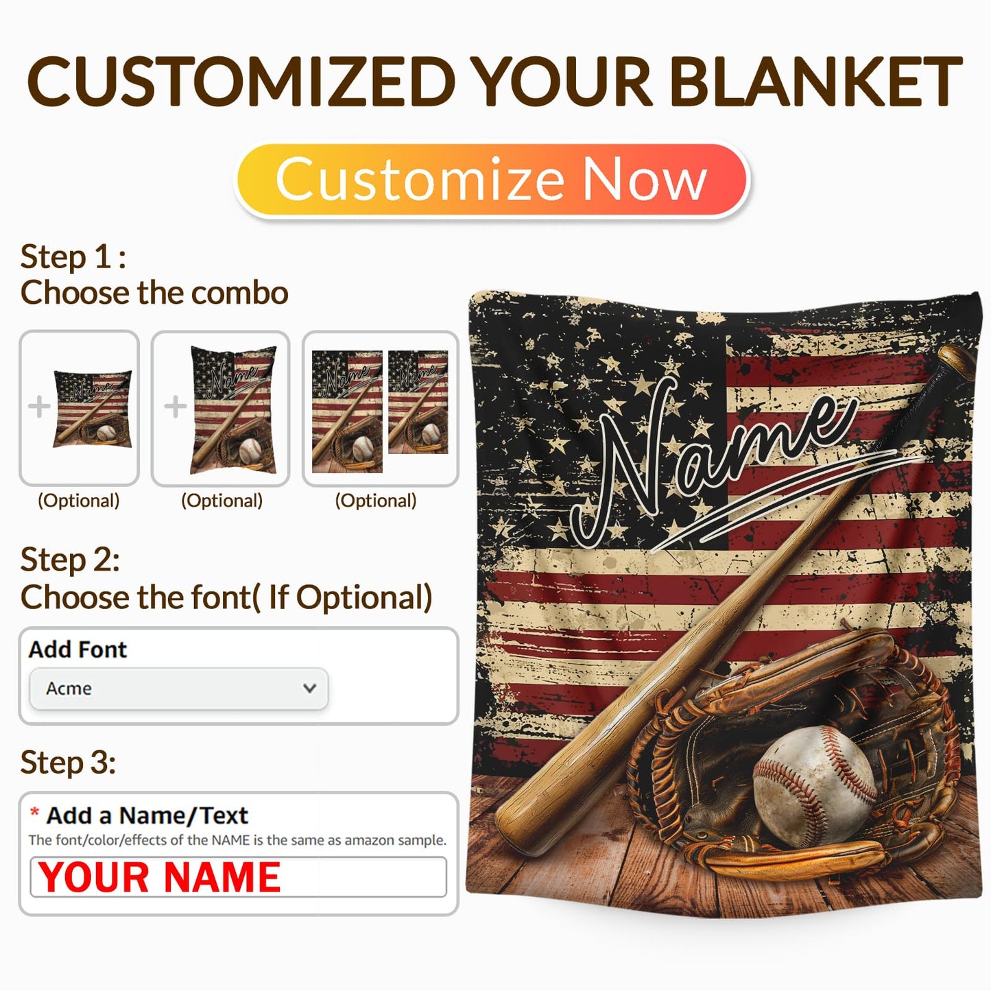 PAKKITOP Baseball Blanket, Personalized Boys Throw Blanket for Baseball Lovers Team Players, Custom Retro 40x50 Inches Blanket Gift for Son Nephew on Chair Sofa Couch Bed Decor