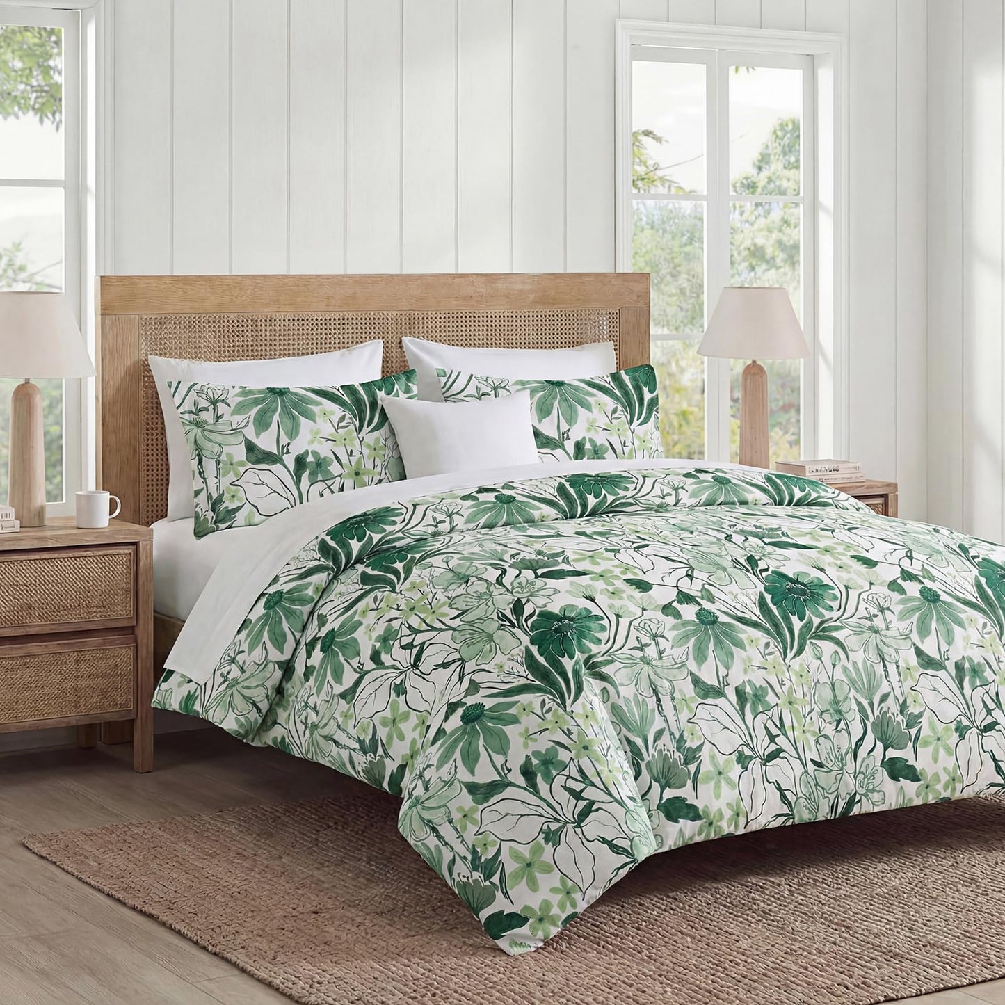 MOVE OVER Green Floral Duvet Cover Queen Size, 100% Cotton Duvet Cover Set with Zipper Closure & Corner Ties, Soft Breathable Line Art Botanical Duvet Cover Set for All Seasons